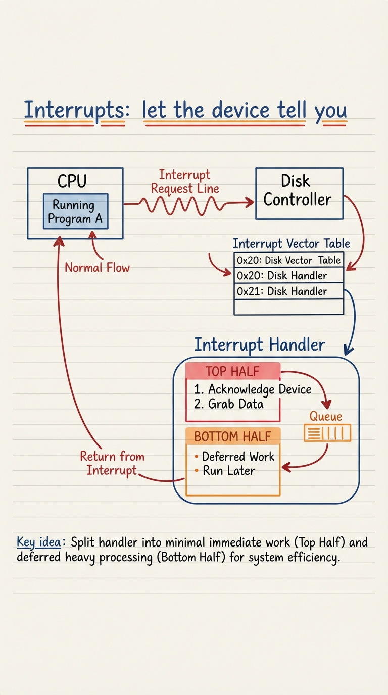 Handwritten A4 diagram: the CPU running program A, a disk controller raising an interrupt line, the CPU consulting an interrupt vector table to find the handler address, then splitting the handler into a "top half" (fast: acknowledge device, grab data) and a "bottom half" (deferred: the heavy work, run later) queue; an arrow shows the CPU returning to program A afterwards.