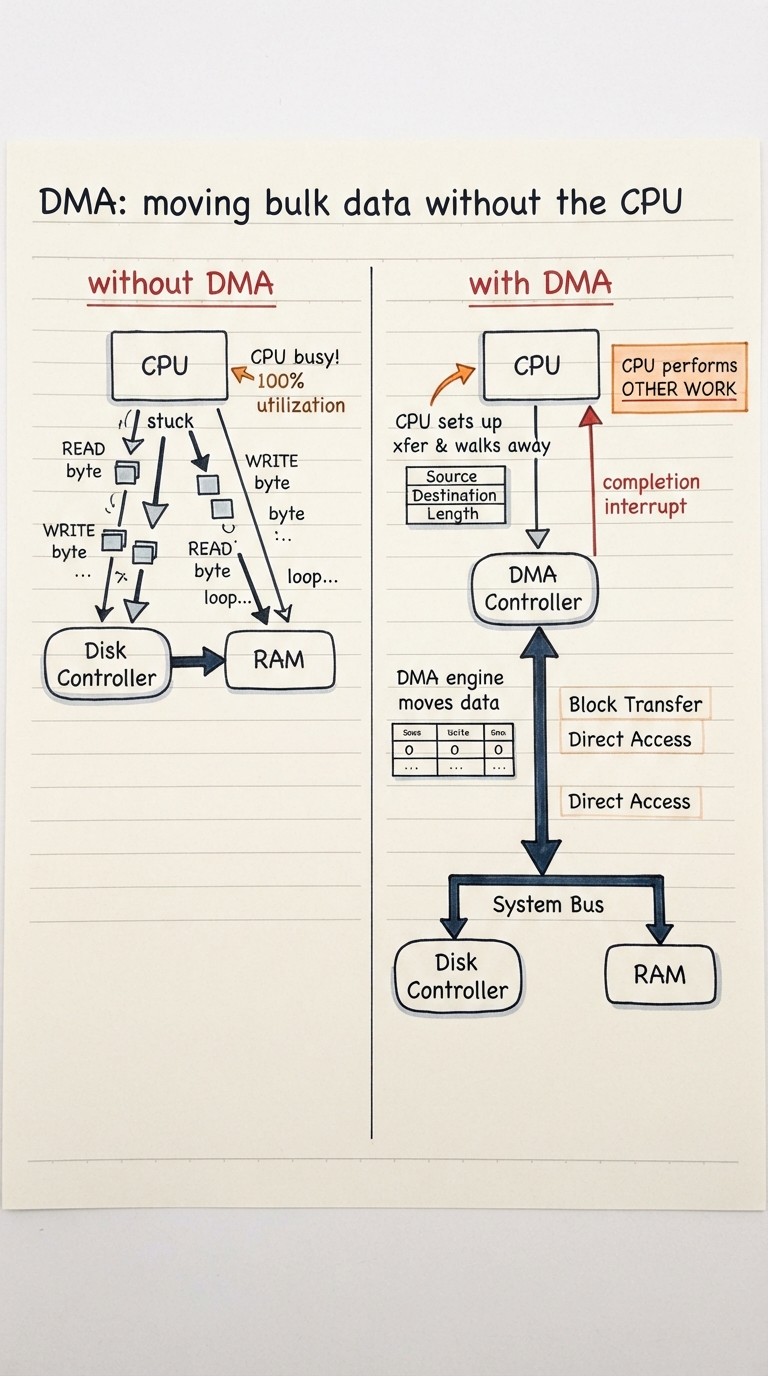 Handwritten A4 diagram: two panels. Left "without DMA": the CPU copying a block byte-by-byte between the disk controller and RAM, drawn as the CPU stuck shuttling arrows back and forth. Right "with DMA": the CPU writes a small descriptor (source, destination, length) to a DMA controller and walks off to other work; the DMA engine moves the whole block over the bus directly between disk and RAM; when finished it raises a single completion interrupt to the CPU.
