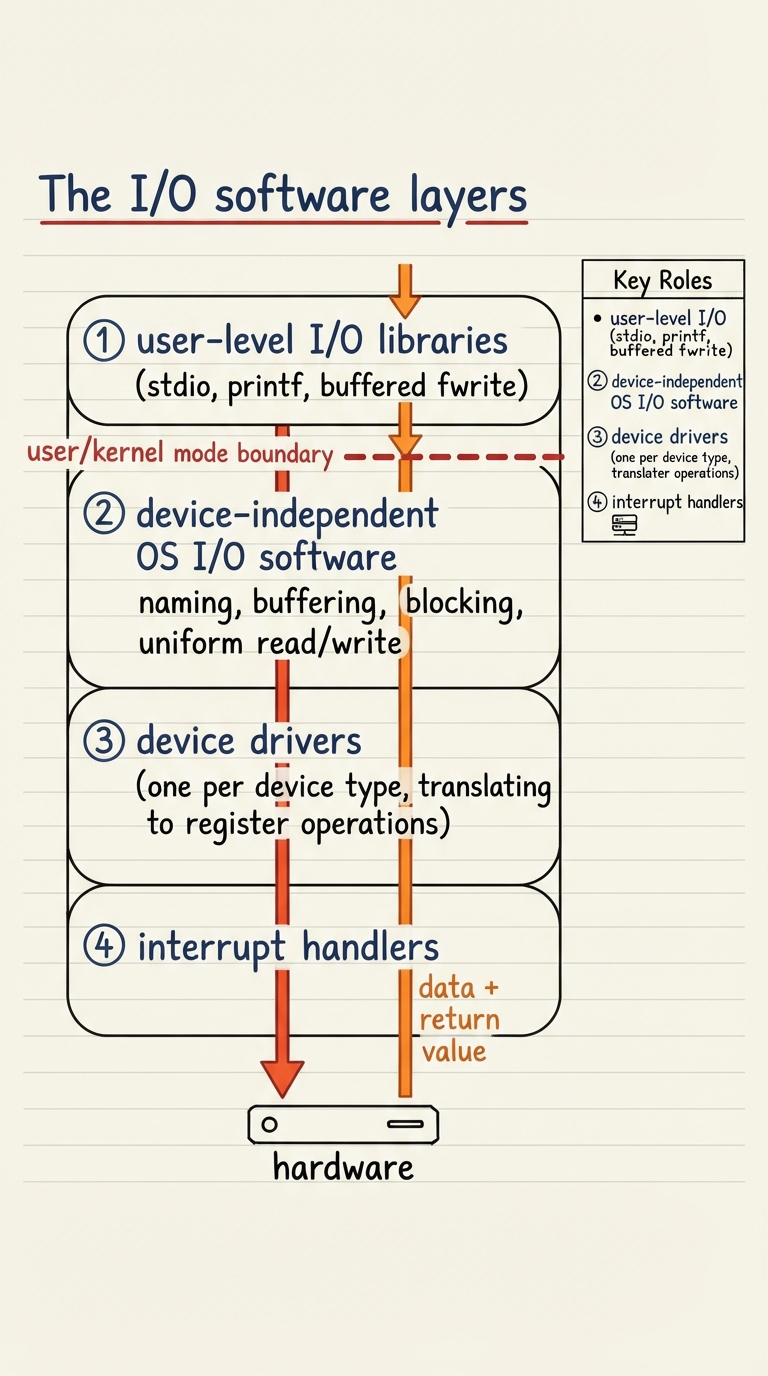 Handwritten A4 diagram: a vertical stack of four labelled bands from top to bottom — (1) user-level I/O libraries (stdio, printf, buffered fwrite) in user space, (2) device-independent OS I/O software (naming, buffering, blocking, uniform read/write) just below the syscall line, (3) device drivers (one per device type, translating to register operations), (4) interrupt handlers at the bottom touching the hardware; a single downward arrow labelled "read()" threads through all four, and an upward arrow labelled "data + return value" comes back; the user/kernel dashed line sits between bands 1 and 2.