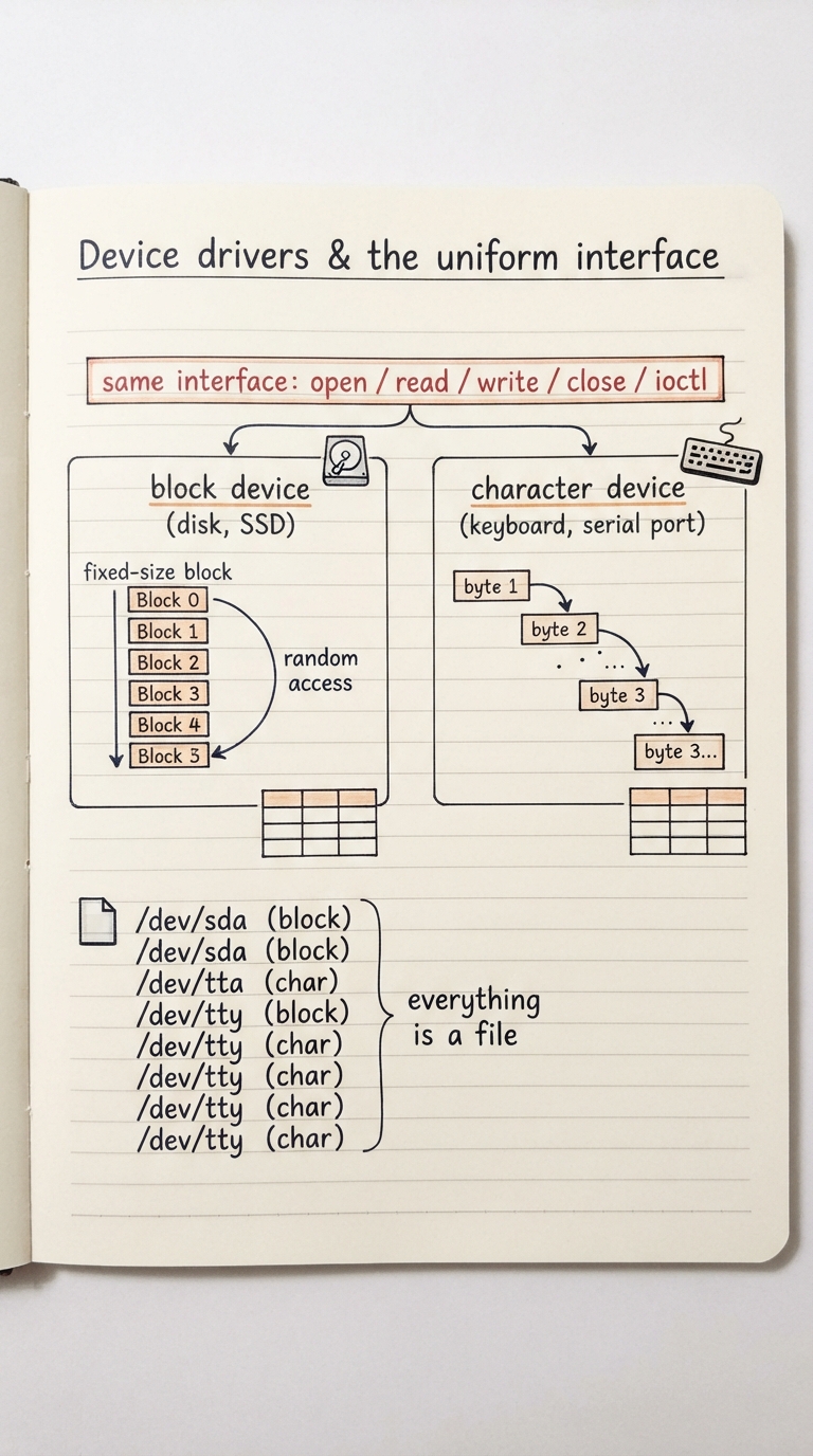 Handwritten A4 diagram: two driver boxes side by side under a common banner labelled "same interface: open / read / write / close / ioctl". Left box "block device" (disk, SSD) shows fixed-size numbered blocks and random access; right box "character device" (keyboard, serial port) shows a stream of bytes flowing one at a time. Below both, a /dev directory listing with entries like sda (block) and tty (char), illustrating "everything is a file".