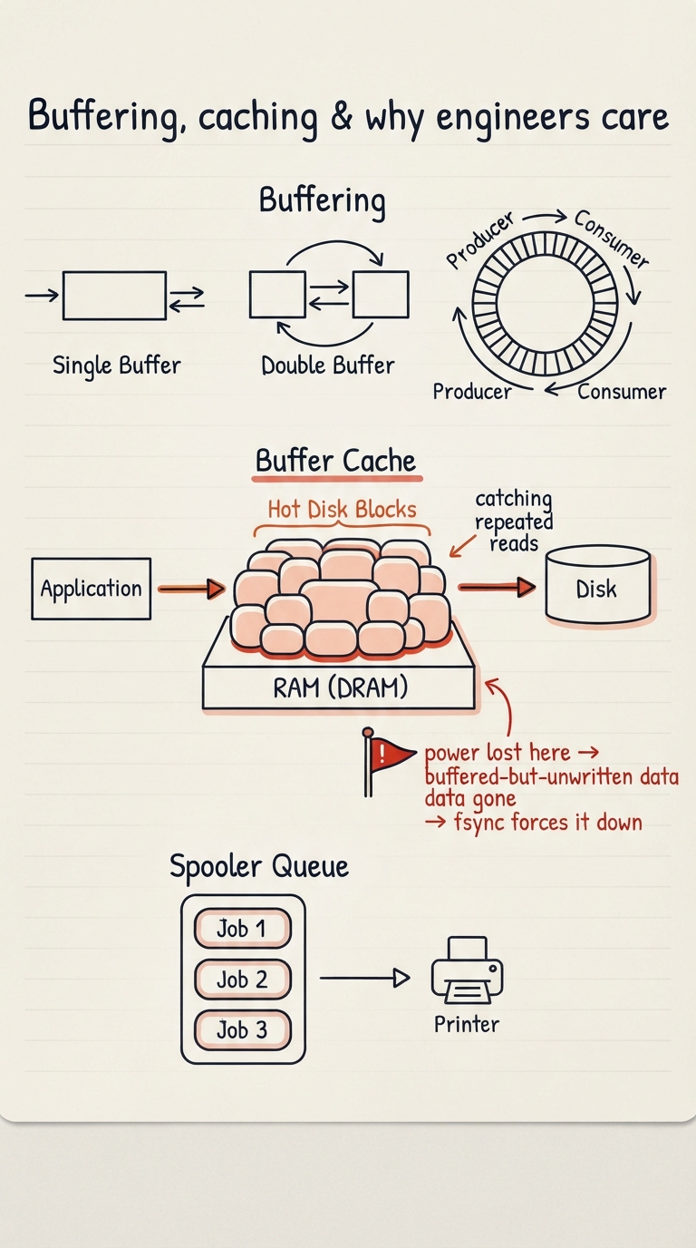 Handwritten A4 diagram: three stacked ideas. Top, buffering shown as single buffer vs double buffer vs a circular ring buffer with a producer and consumer chasing each other. Middle, the buffer cache drawn as a pool of hot disk blocks sitting in RAM between the application and the disk, catching repeated reads. Bottom, a spooler queue of print jobs feeding one printer. A red warning flag reads "power lost here → buffered-but-unwritten data gone → fsync forces it down".