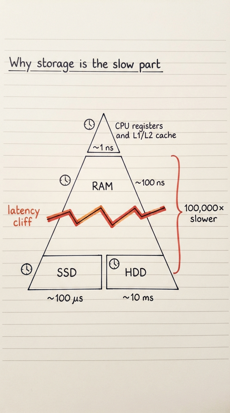 Handwritten A4 diagram: a vertical memory-hierarchy pyramid with CPU registers and L1/L2 cache at the narrow top (labelled ~1 ns), RAM in the middle (~100 ns), then a thick jagged "latency cliff" line, and at the wide bottom two boxes — SSD (~100 µs) and HDD (~10 ms) — with a bracket on the right showing the drop is roughly 100,000× from RAM to disk; a small clock icon beside each level.