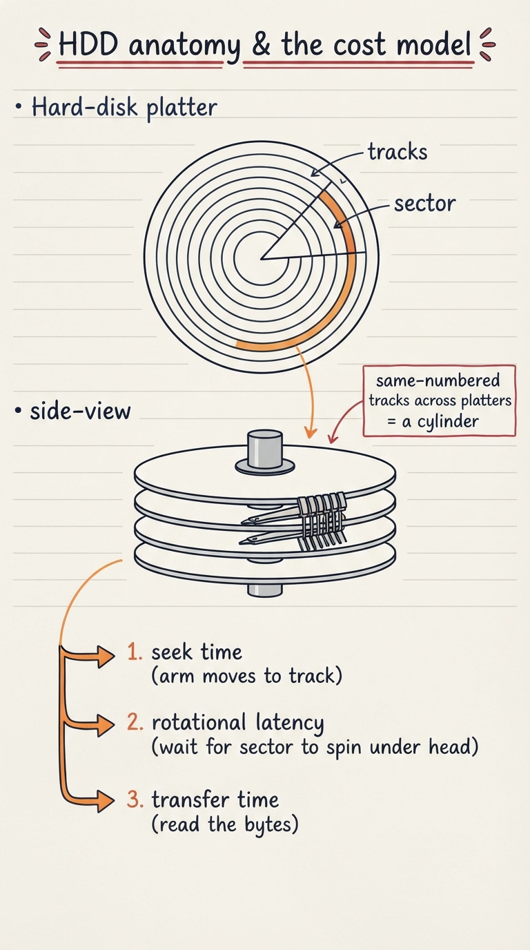Handwritten A4 diagram: a top-down view of a hard-disk platter drawn as concentric circles — the rings labelled "tracks", a pie-slice wedge labelled "sector", and one highlighted track with an arrow to a stacked side-view showing several platters on a spindle with a comb of read/write heads on a pivoting arm; three labelled arrows break a single access into "1. seek time (arm moves to track)", "2. rotational latency (wait for sector to spin under head)", and "3. transfer time (read the bytes)"; a note reads "same-numbered tracks across platters = a cylinder".