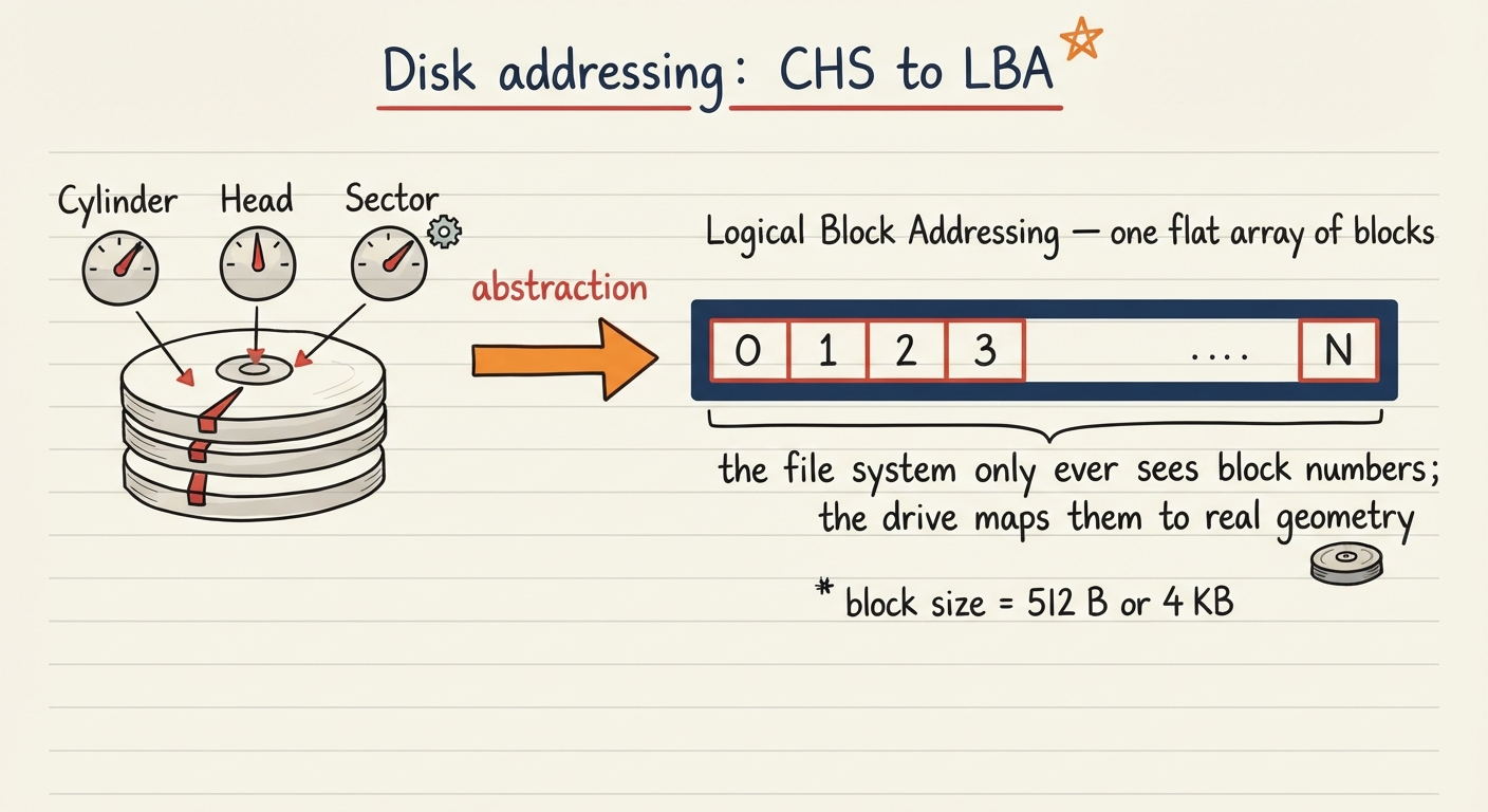 Handwritten A4 diagram: on the left an old-style triple (Cylinder, Head, Sector) with three little dials pointing at a physical platter location; a bold arrow labelled "abstraction" points right to a long horizontal strip of numbered boxes 0,1,2,3,…,N labelled "Logical Block Addressing — one flat array of blocks"; below the strip a caption "the file system only ever sees block numbers; the drive maps them to real geometry" and a small note "block size = 512 B or 4 KB".