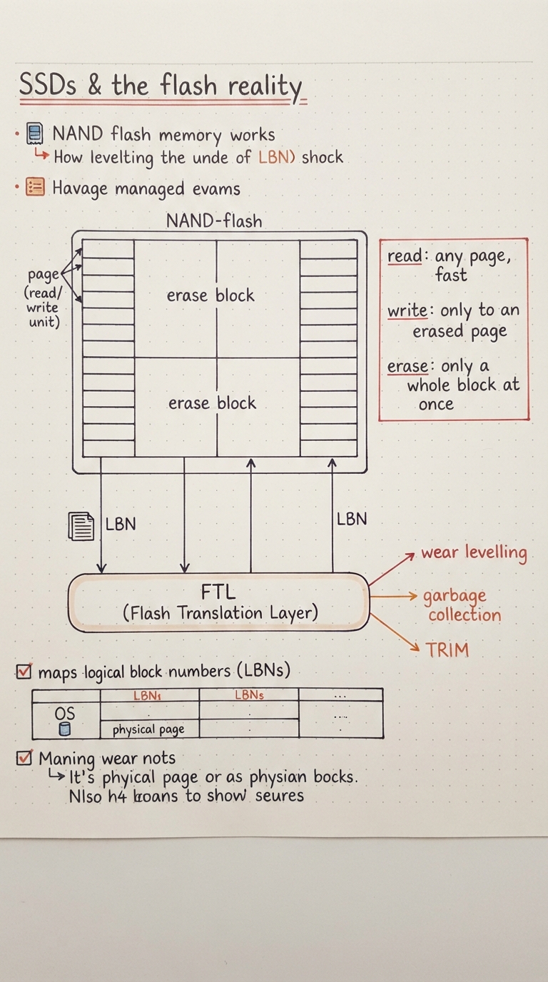 Handwritten A4 diagram: a NAND-flash chip drawn as a grid — the grid subdivided into large rectangles labelled "erase block" and each block further split into small rows labelled "page (read/write unit)"; three rules boxed on the right: "read: any page, fast", "write: only to an erased page", "erase: only a whole block at once"; below, a layer labelled "FTL (Flash Translation Layer)" mapping logical block numbers to physical pages, with side notes "wear levelling", "garbage collection", and "TRIM".