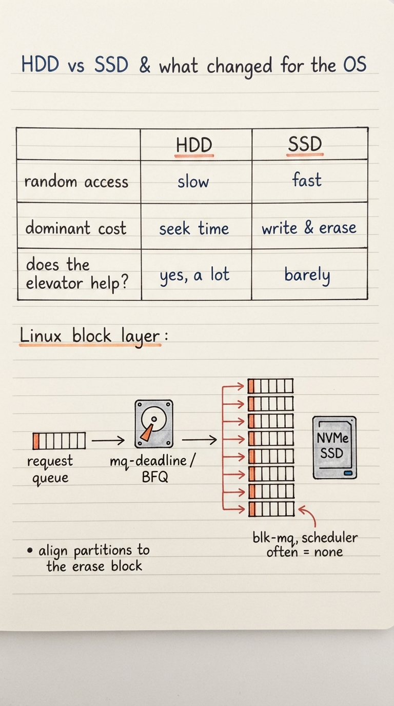 Handwritten A4 comparison table on A4: two columns headed "HDD" and "SSD" with rows for random access (slow / fast), the dominant cost (seek time / write & erase), and "does the elevator help? (yes, a lot / barely)"; below the table a sketch of the Linux block layer — a single request queue feeding an HDD labelled "mq-deadline / BFQ" versus many parallel queues feeding an NVMe SSD labelled "blk-mq, scheduler often = none"; a small note "align partitions to the erase block".
