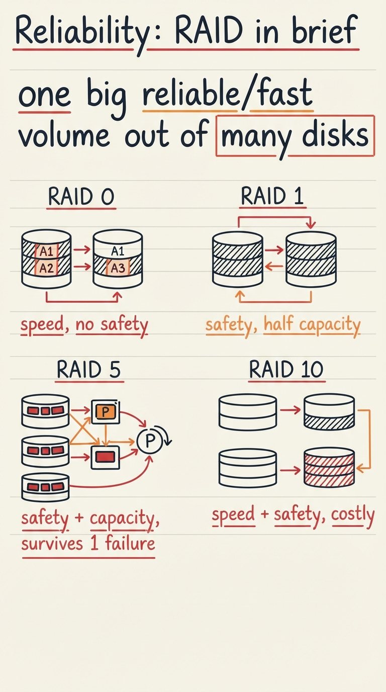Handwritten A4 diagram: four small multi-disk sketches side by side — RAID 0 showing a block split A1/A2/A3 striped across two disks (labelled "speed, no safety"), RAID 1 showing the same block mirrored identically on two disks (labelled "safety, half capacity"), RAID 5 showing data blocks plus a "P" parity block rotating across three disks (labelled "safety + capacity, survives 1 failure"), and RAID 10 showing two mirrored pairs then striped (labelled "speed + safety, costly"); a caption "one big reliable/fast volume out of many disks".