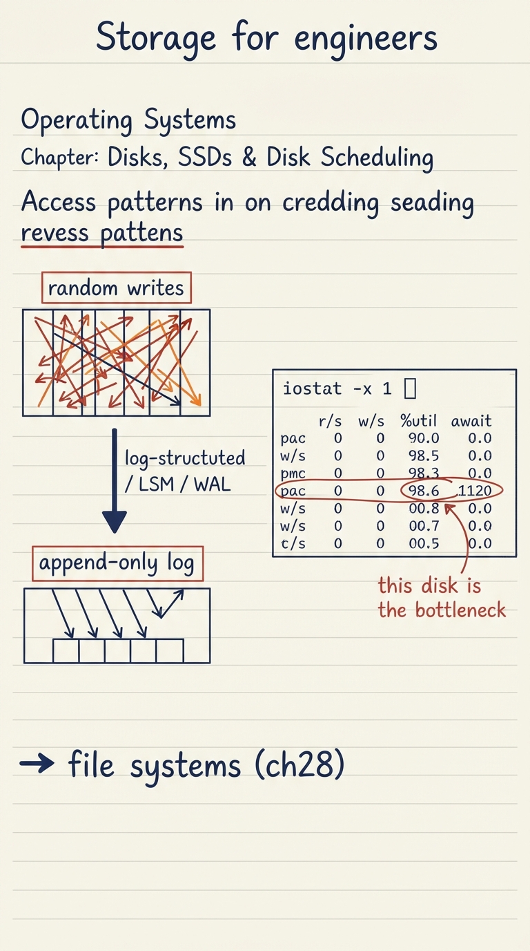 Handwritten A4 diagram: on the left two access patterns drawn on a block strip — "random writes" as scattered arrows landing all over, versus "append-only log" as arrows landing in one growing sequential run; an arrow labelled "log-structured / LSM / WAL" points from the messy pattern to the tidy one; on the right a mock terminal showing an "iostat -x 1" table with one device circled at %util 98.6 and high await, labelled "this disk is the bottleneck"; a forward arrow at the bottom points to "→ file systems (ch28)".