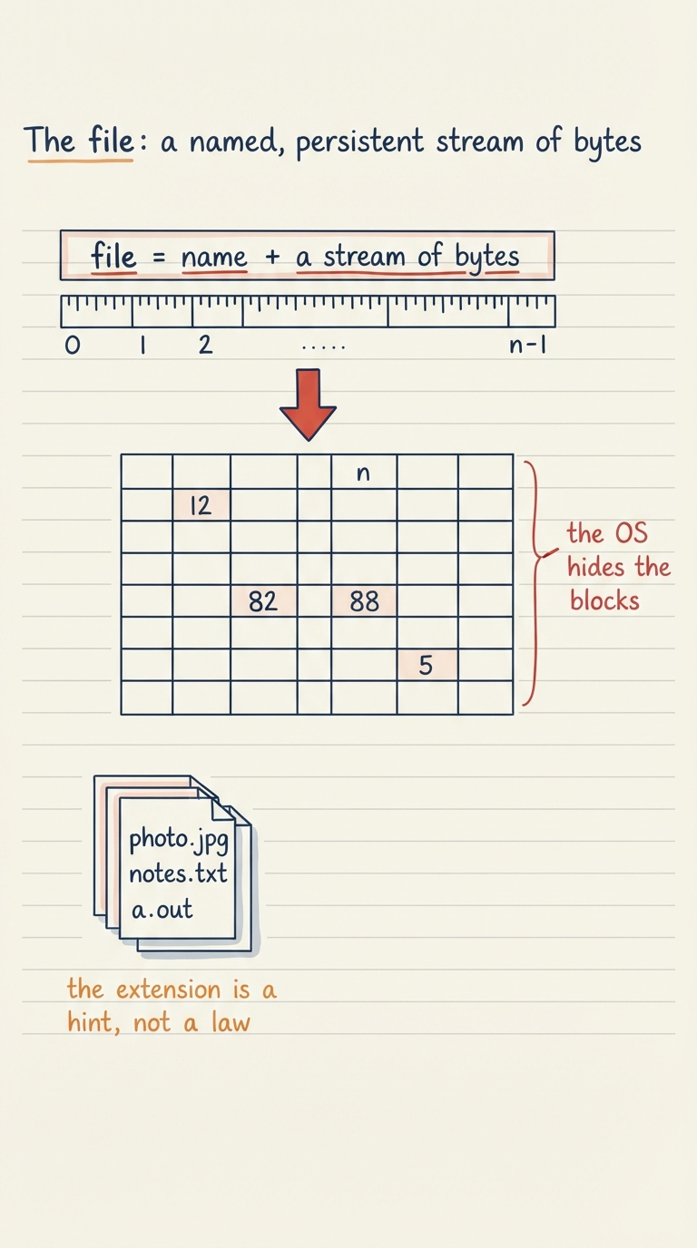Handwritten A4 diagram: at the top a labelled box "file = name + a stream of bytes" drawn as a horizontal ruler of bytes numbered 0,1,2,…,n-1; below it a downward arrow into a grid of numbered disk blocks showing the same bytes scattered across blocks 12, 88, 5; a side note "the OS hides the blocks"; bottom-left a small stack of examples photo.jpg, notes.txt, a.out with a caption "the extension is a hint, not a law".