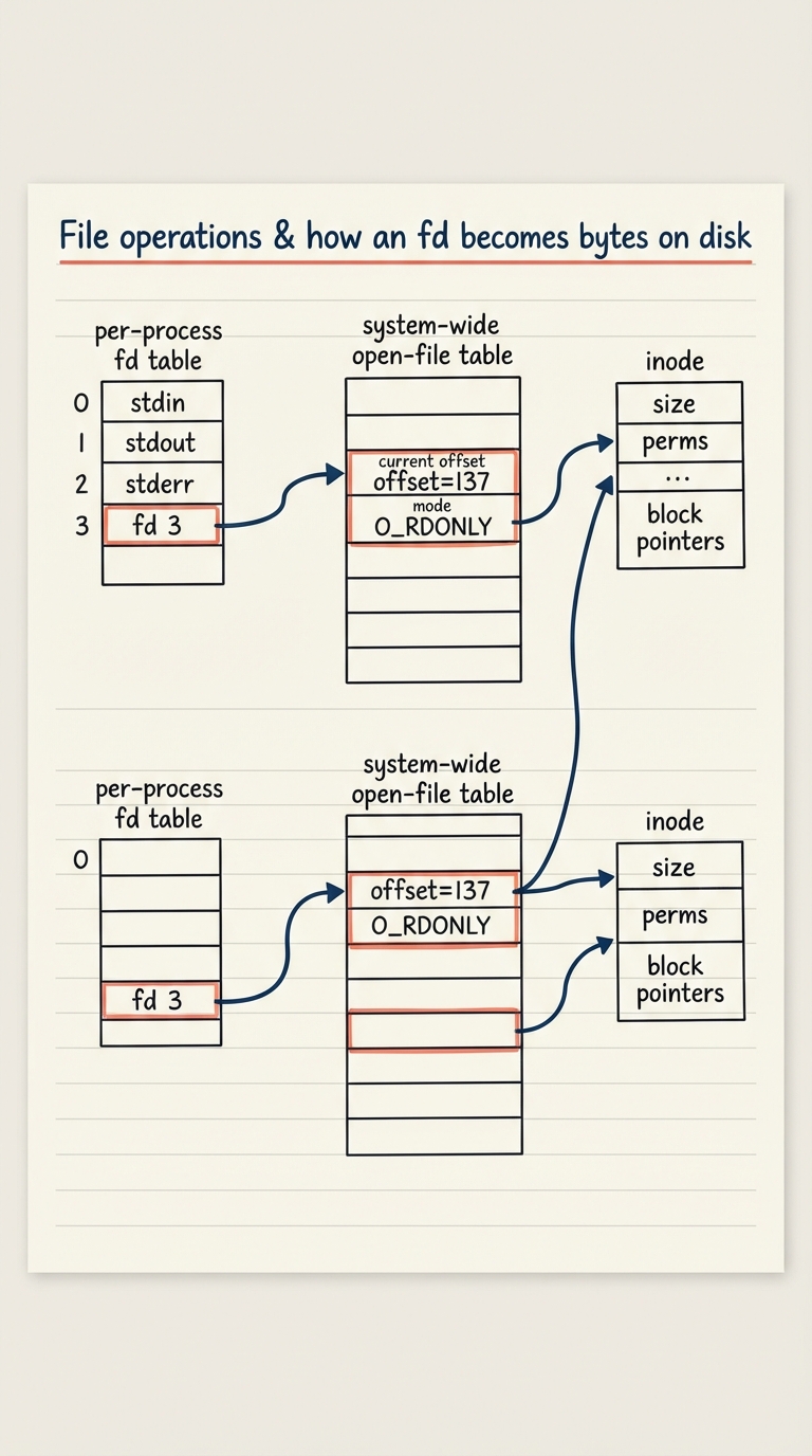 Handwritten A4 diagram: three linked tables left to right. Left, "per-process fd table" for one process with slots 0,1,2 (stdin/out/err) and 3 pointing right. Middle, "system-wide open-file table" with an entry holding the current offset (offset=137) and mode O_RDONLY, an arrow from fd 3 into it. Right, the "inode" box with size/perms/block pointers. Below, a second process with its own fd 3 arrow into a different open-file entry that points to the SAME inode, illustrating shared file, independent offsets.
