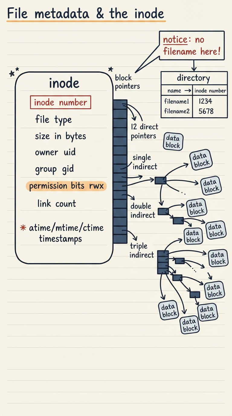 Handwritten A4 diagram: a large labelled "inode" box on the left listing its fields — inode number, file type, size in bytes, owner uid, group gid, permission bits rwx, link count, atime/mtime/ctime timestamps — and on the right a column of "block pointers" (12 direct pointers, then single/double/triple indirect) arrows fanning out to scattered data blocks. A pointed callout in the corner reads "notice: no filename here!" with an arrow to a separate directory box holding name -> inode number.