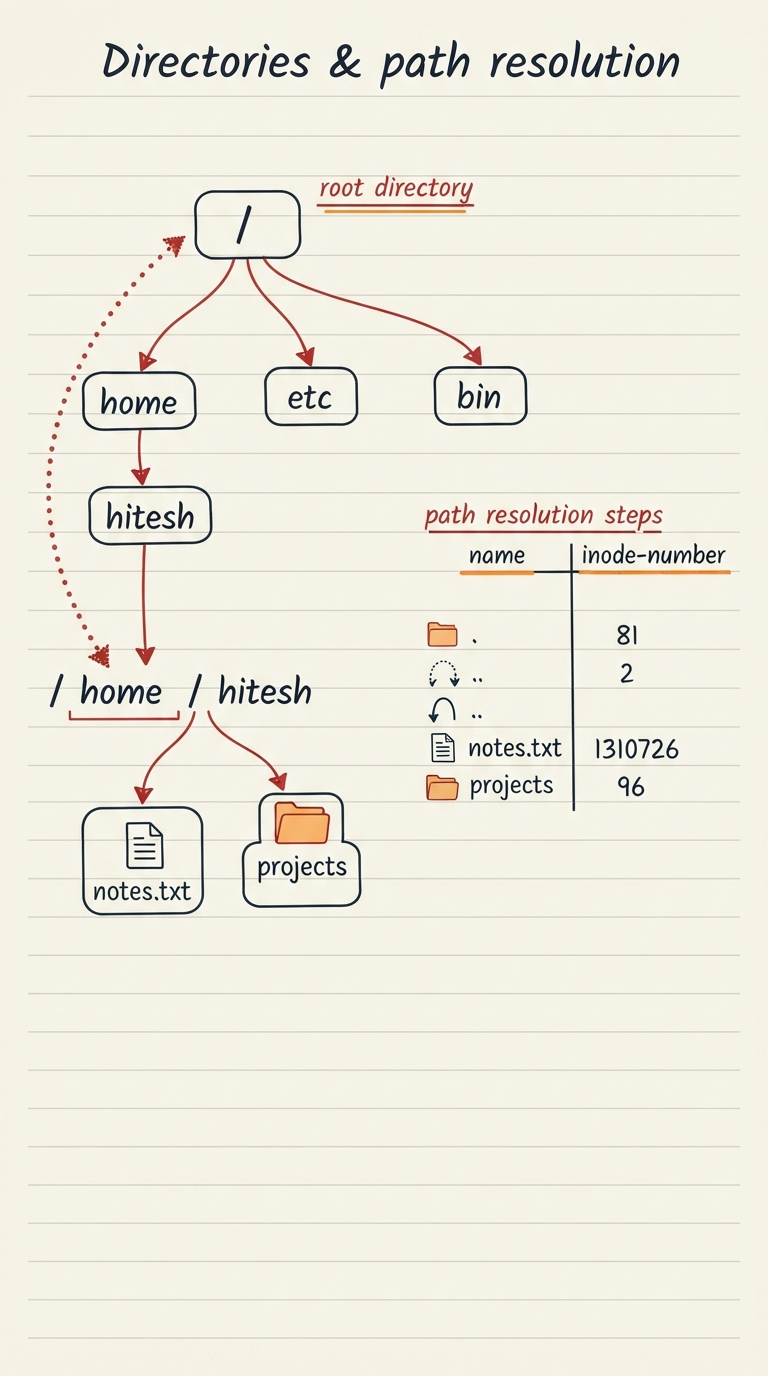 Handwritten A4 diagram: on the left a tree rooted at "/" branching to home, etc, bin, with /home branching to hitesh and /home/hitesh to notes.txt and a projects folder. On the right, one directory drawn open as a two-column table of entries: name column (".", "..", "notes.txt", "projects") mapped to inode-number column (81, 2, 1310726, 96). A dotted arrow traces resolving /home/hitesh/notes.txt component by component down the tree.