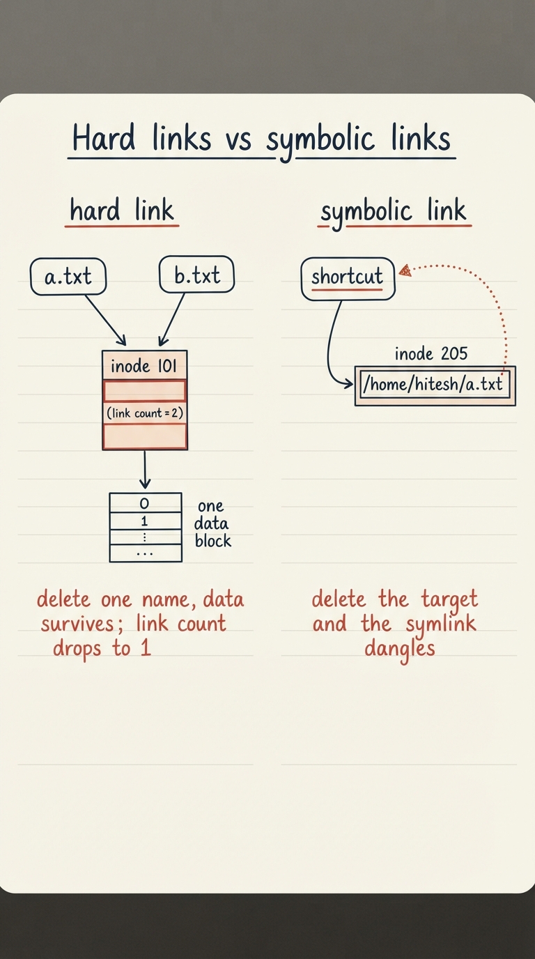 Handwritten A4 diagram split in two. Left half "hard link": two directory entries "a.txt" and "b.txt" both drawn with arrows pointing to the SAME inode box (link count = 2, one data block); a note "delete one name, data survives; link count drops to 1". Right half "symbolic link": a directory entry "shortcut" pointing to a tiny separate inode whose contents are the text string "/home/hitesh/a.txt", and a dotted arrow from that string re-entering path resolution toward the real file; a note "delete the target and the symlink dangles".