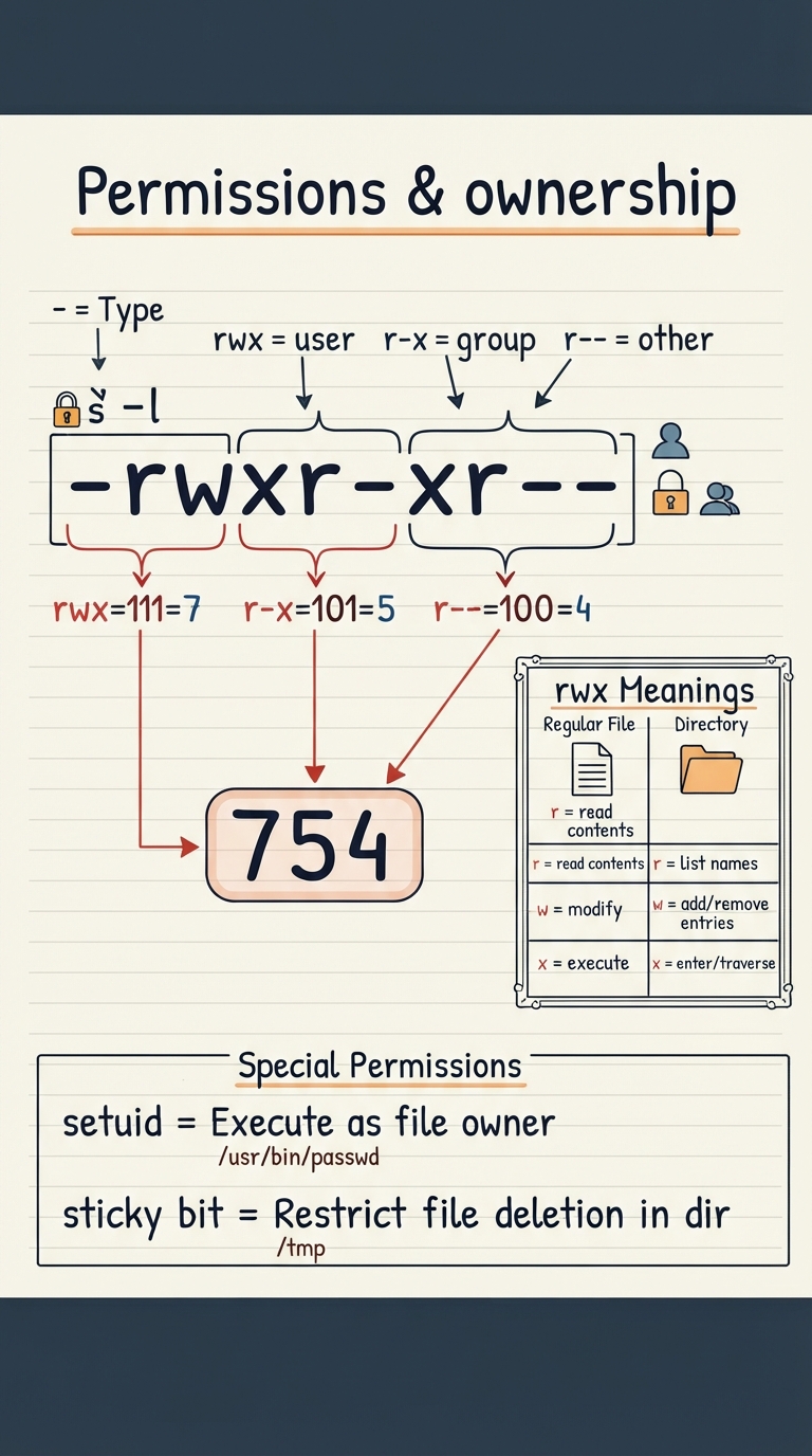 Handwritten A4 diagram: the ten-character ls -l string "-rwxr-xr--" broken out — first char = type, then three rwx triads bracketed and labelled user / group / other. Below each triad a 3-bit octal conversion (rwx=111=7, r-x=101=5, r--=100=4) assembling to "754". A side panel contrasts a regular file (r=read contents, w=modify, x=execute) with a directory (r=list names, w=add/remove entries, x=enter/traverse). Bottom strip notes setuid and the sticky bit with tiny examples /usr/bin/passwd and /tmp.