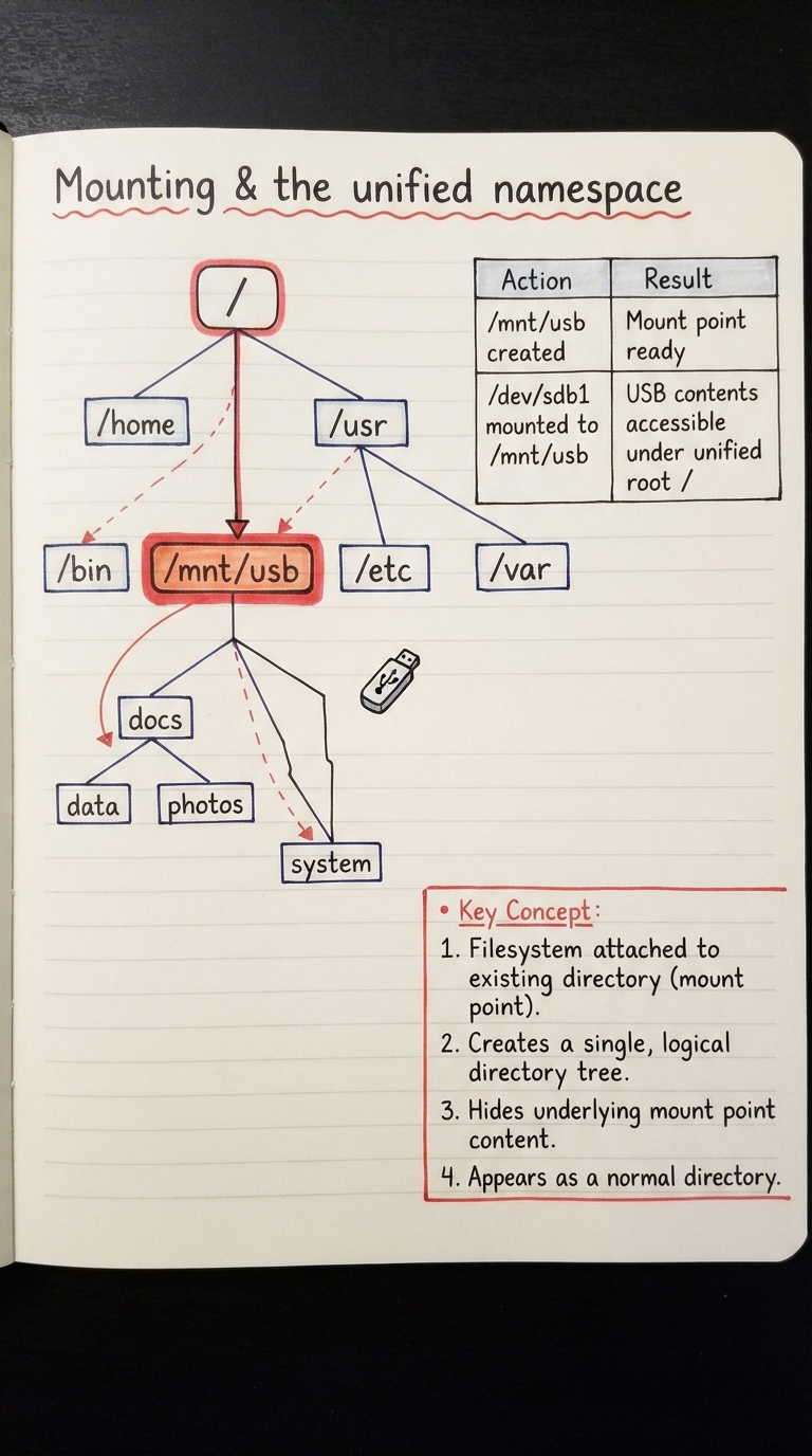 Handwritten A4 diagram: a single tree rooted at "/" with branches for /home, /usr, and a highlighted /mnt/usb node where a second small tree (a USB disk's file system) is drawn grafted on at the mount point, with an arrow labelled "mount". A side box contrasts Unix (one tree, everything under /) with Windows (separate C:\ and D:\ drive-letter roots). A lower branch shows /proc and /sys drawn as clouds labelled "virtual — generated by the kernel, not on any disk".