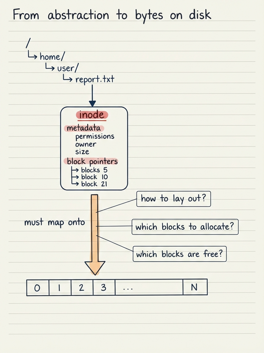 Handwritten A4 diagram: at the top a directory tree with a file "report.txt" pointing to an inode box (metadata + block pointers); a downward arrow labelled "must map onto" leads to a long horizontal strip of numbered disk blocks 0,1,2,3,…,N; three question boxes float beside the arrow — "how to lay out?", "which blocks to allocate?", "which blocks are free?".