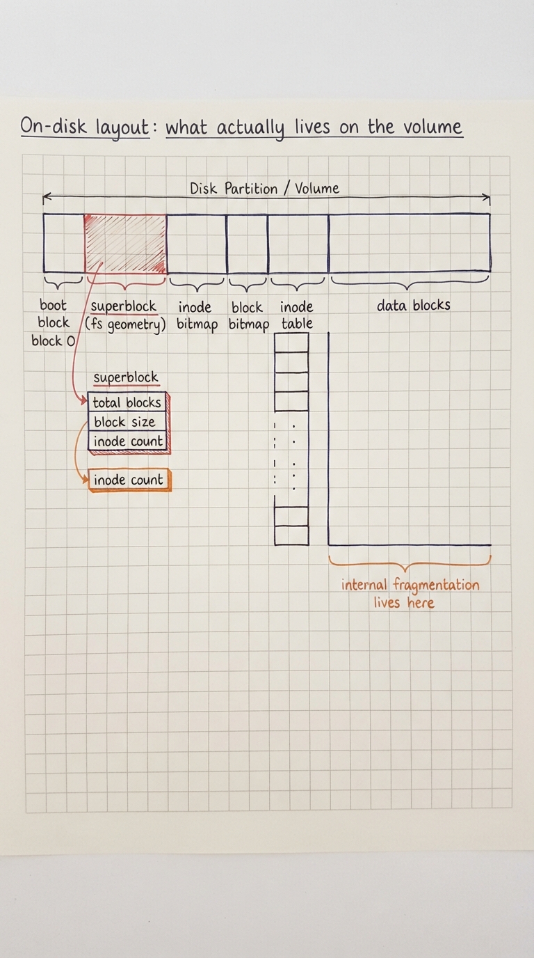 Handwritten A4 diagram: a disk drawn as a horizontal bar split left-to-right into labelled regions — "boot block" (block 0), "superblock" (fs geometry), "inode bitmap", "block bitmap", "inode table" (array of inode slots), and a large "data blocks" region; small callouts show the superblock holding total blocks, block size, inode count; a bracket under the data region notes "internal fragmentation lives here".