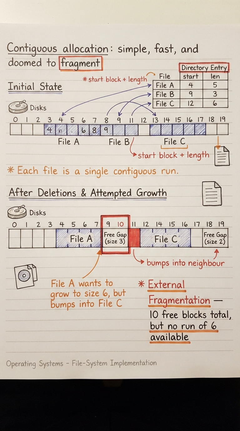 Handwritten A4 diagram: a strip of disk blocks where file A occupies blocks 4–8, file B occupies 9–11, file C occupies 12–17, each drawn as a solid contiguous run; the directory entry for each file records just "start block + length". Below, a second strip after deletions shows scattered free gaps of sizes 2, 5, 3 with a note "external fragmentation — 10 free blocks but no run of 6"; a file that wants to grow bumps into its neighbour.