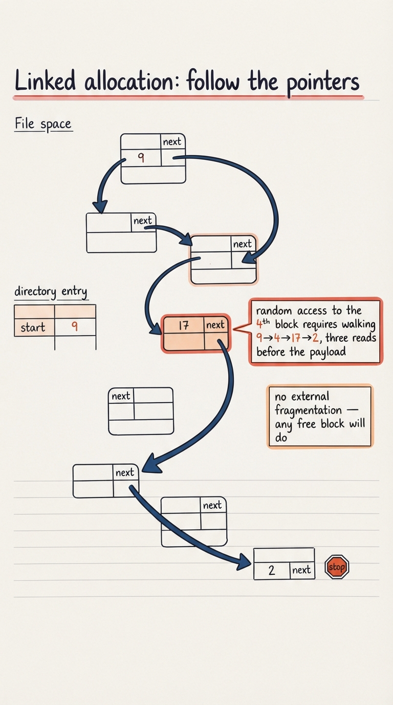 Handwritten A4 diagram: file blocks scattered across the disk (block 9 → 4 → 17 → 2 → end), each block drawn as a data area plus a small "next" pointer field in its corner, with curved arrows chaining them in file order; the directory entry stores only "start = 9". A callout shows random access to the 4th block requires walking 9→4→17→2, three reads before the payload; another note: "no external fragmentation — any free block will do".