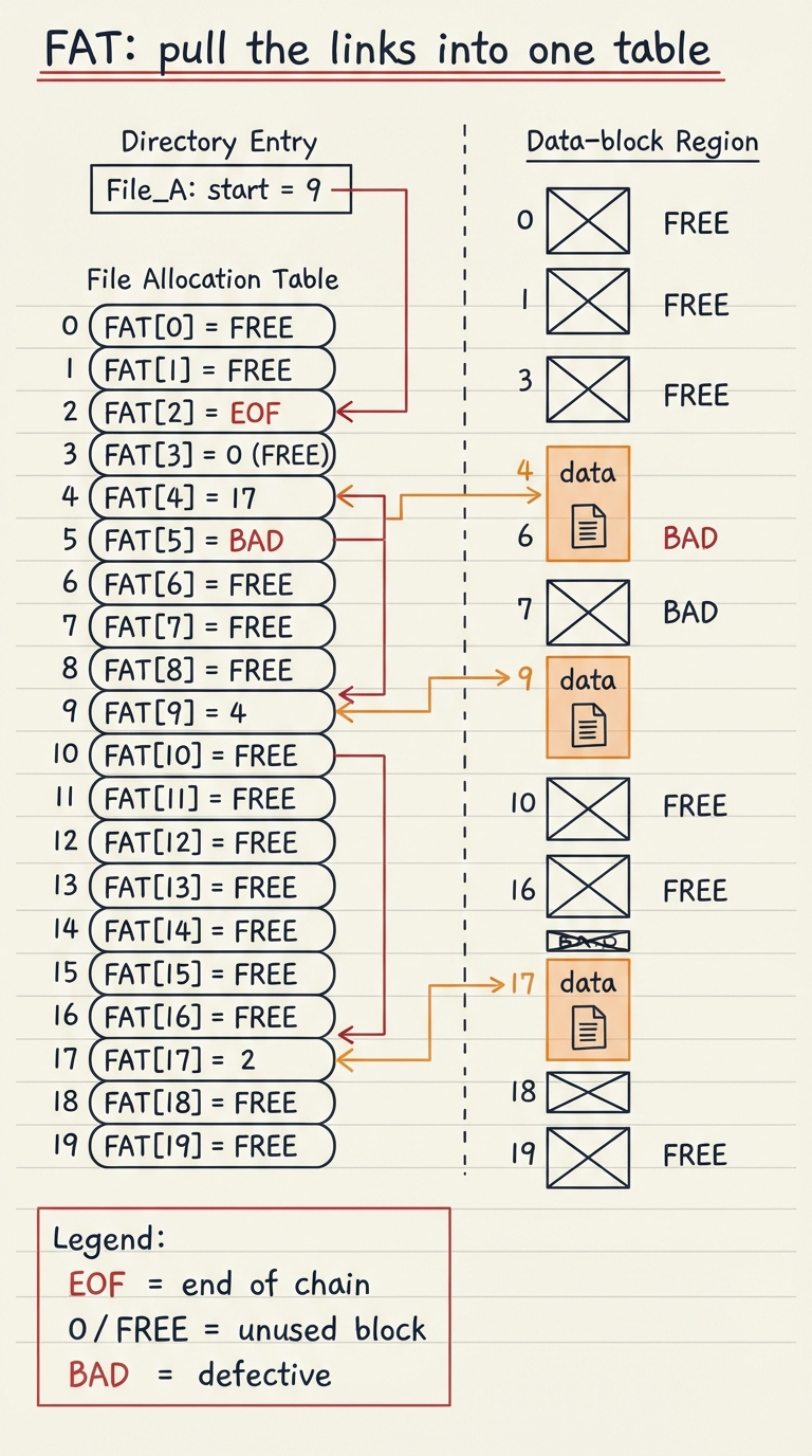 Handwritten A4 diagram: on the left a "File Allocation Table" drawn as a numbered array, one entry per disk block; the directory entry for a file says "start = 9"; FAT[9]=4, FAT[4]=17, FAT[17]=2, FAT[2]=EOF, drawn with arrows threading through the table (not through the data). On the right the data-block region holds pure data with no pointers. Legend marks special values: EOF (end of chain), 0/FREE (unused block), BAD (defective).
