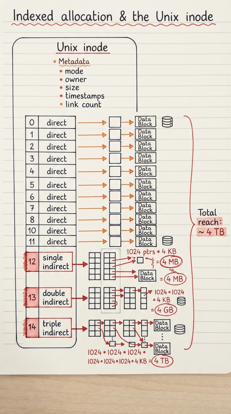 Handwritten A4 diagram: a Unix inode box at the centre listing metadata (mode, owner, size, timestamps, link count) then 15 block-pointer slots — 12 labelled "direct" pointing straight at data blocks, then "single indirect" pointing to a block full of pointers that each point to data, "double indirect" pointing to a block of pointers to blocks of pointers, and "triple indirect" going three levels deep; a bracket totals the reach as ~4 TB with capacity arithmetic scribbled beside each level.