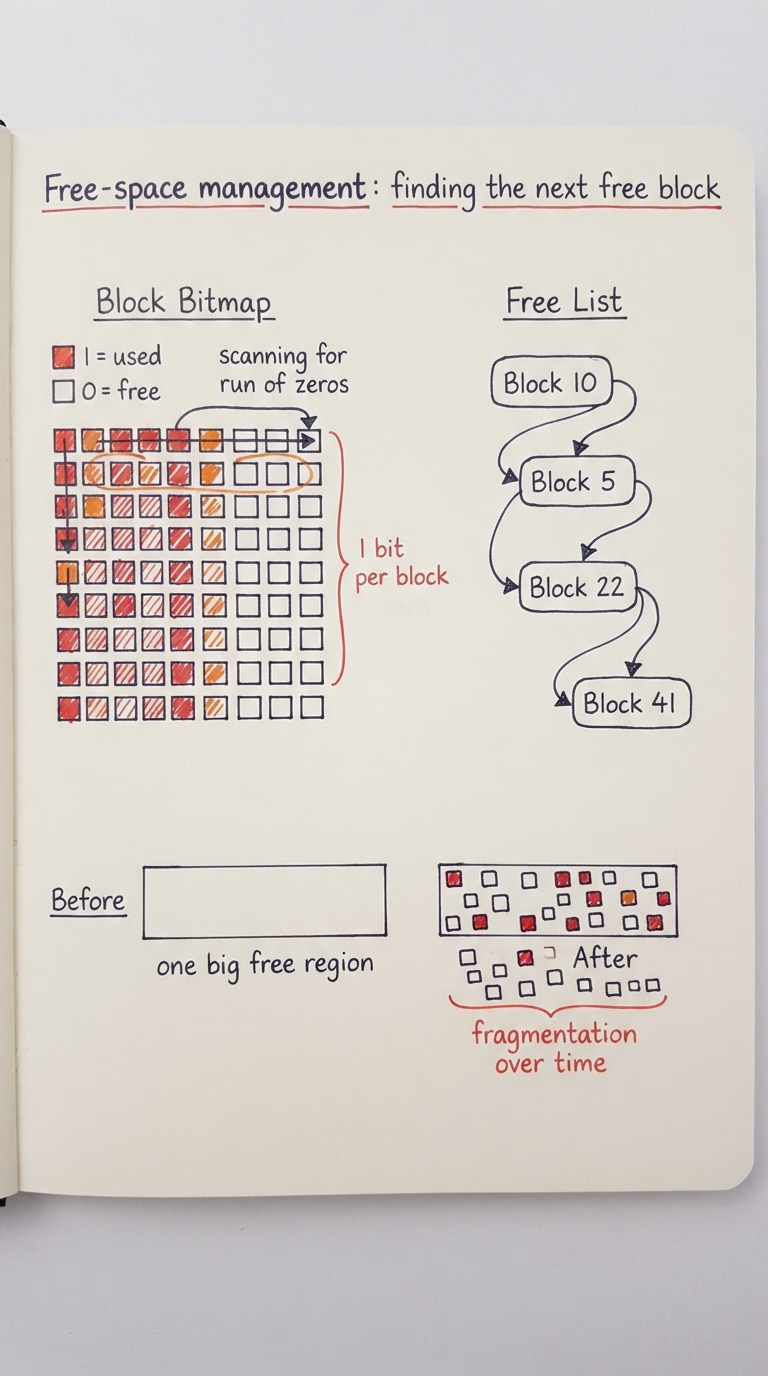 Handwritten A4 diagram: on the left a "block bitmap" drawn as a grid of bits, 1 = used and 0 = free, with an arrow scanning for a run of zeros and a note "1 bit per block"; on the right a "free list" drawn as a chain of free blocks each pointing to the next free one. Below, a before/after strip shows a fresh disk with one big free region versus an aged disk with free blocks sprinkled everywhere, labelled "fragmentation over time".