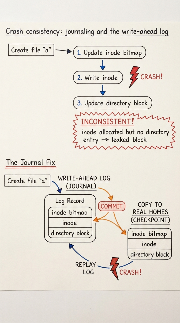 Handwritten A4 diagram: top half shows a single "create file" operation that requires three separate writes — update inode bitmap, write the inode, update the directory block — with a lightning-bolt "CRASH!" striking after write 2, leaving the file system inconsistent (inode allocated but no directory entry = leaked block). Bottom half shows the journal fix: a write-ahead log region receiving the whole change as one record, a "COMMIT" marker, then the changes copied to their real homes; on crash the log is simply replayed.
