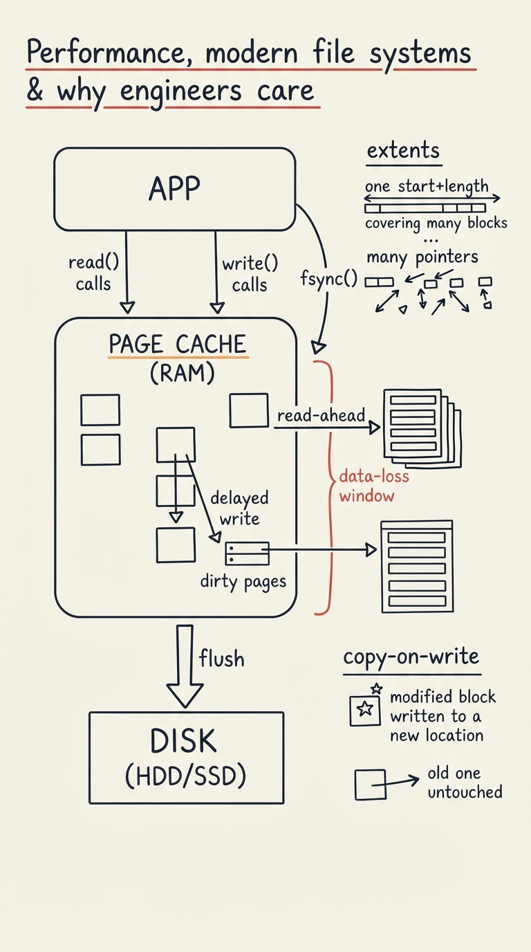 Handwritten A4 diagram: centre shows the page cache in RAM sitting between an app’s read()/write() calls and the disk, with "read-ahead" prefetching the next blocks and "delayed write" holding dirty pages; a red "data-loss window" bracket sits between a returned write() and the eventual flush, with an fsync() arrow forcing the flush. To the side, small labelled sketches: "extents" (one start+length covering many blocks vs many pointers) and "copy-on-write" (a modified block written to a new location, old one untouched).