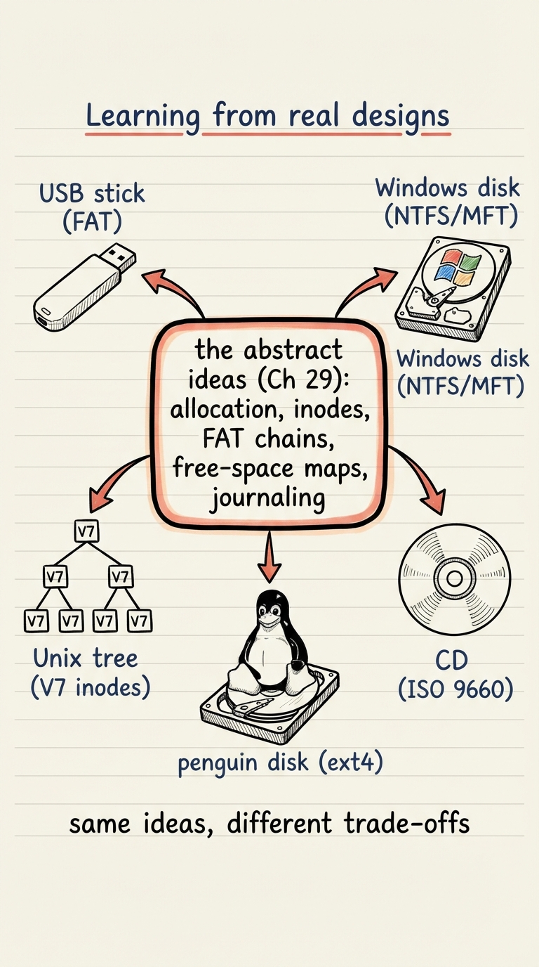 Handwritten A4 diagram: a central box labelled "the abstract ideas (Ch 29): allocation, inodes, FAT chains, free-space maps, journaling" with five arrows fanning out to labelled sketches — a USB stick (FAT), a Unix tree (V7 inodes), a penguin disk (ext4), a Windows disk (NTFS/MFT), and a CD (ISO 9660); a caption reads "same ideas, different trade-offs".