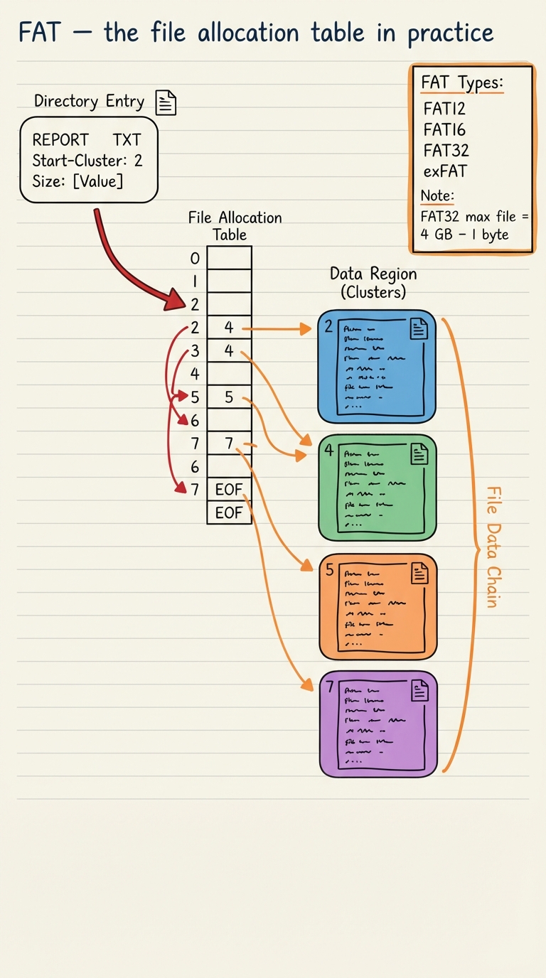 Handwritten A4 diagram: a directory entry "REPORT  TXT" with start-cluster 2 and size, pointing into a File Allocation Table drawn as a numbered array where entry 2 -> 4 -> 5 -> 7 -> EOF, and each of those cluster numbers points at a coloured block in the data region; a side box lists FAT12 / FAT16 / FAT32 / exFAT and notes "FAT32 max file = 4 GB − 1 byte".