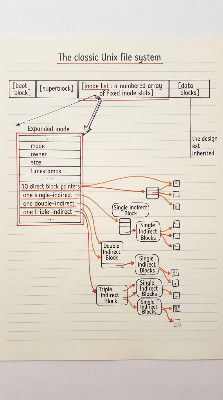 Handwritten A4 diagram: a horizontal disk layout strip — [boot block][superblock][inode list: a numbered array of fixed inode slots][data blocks] — with one inode expanded to show mode, owner, size, timestamps, then 10 direct block pointers, one single-indirect, one double-indirect, one triple-indirect, arrows running out to scattered data blocks; a margin note reads "the design ext inherited".