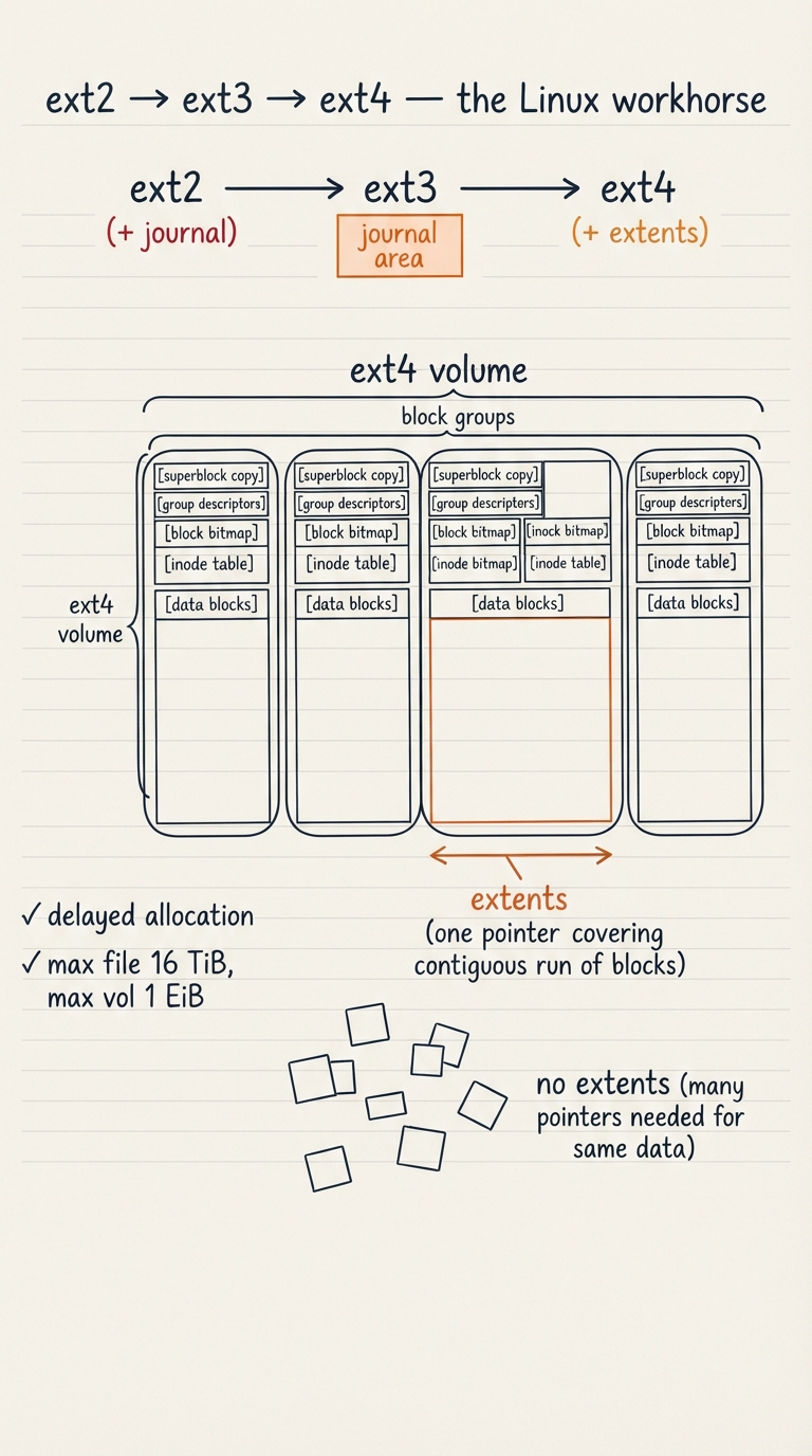 Handwritten A4 diagram: an ext4 volume drawn as a row of block groups, each containing [superblock copy][group descriptors][block bitmap][inode bitmap][inode table][data blocks]; above it a timeline arrow ext2 -> ext3 (+ journal, shown as a "journal area" box) -> ext4 (+ extents, shown as one pointer covering a contiguous run of blocks instead of many); margin notes: "delayed allocation", "max file 16 TiB, max vol 1 EiB".