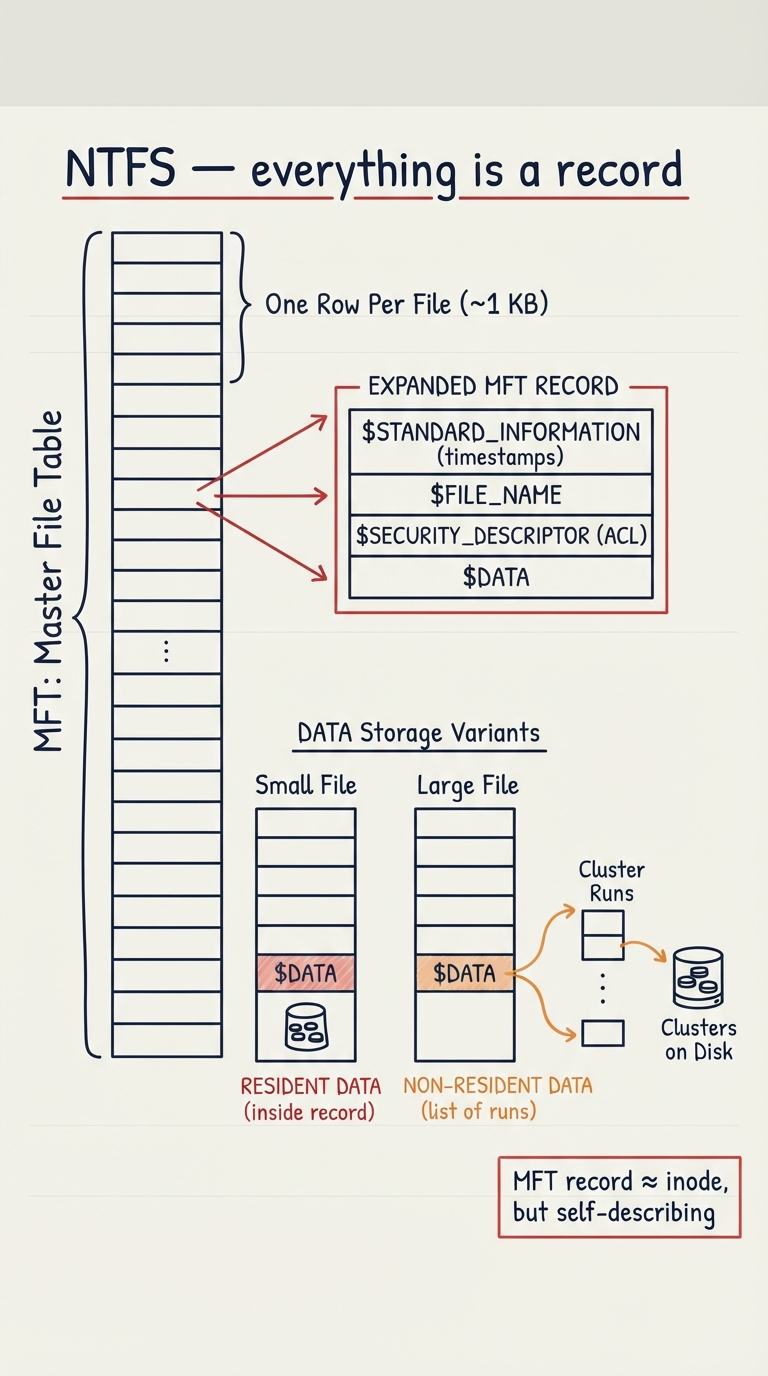 Handwritten A4 diagram: the Master File Table drawn as a tall array of ~1 KB records, one row per file; one record expanded into named attributes — $STANDARD_INFORMATION (timestamps), $FILE_NAME, $SECURITY_DESCRIPTOR (ACL), $DATA; two variants shown side by side: a small file whose $DATA sits "resident" inside the record, and a large file whose $DATA is "non-resident", a list of runs pointing to clusters on disk; a corner note: "MFT record ≈ inode, but self-describing".