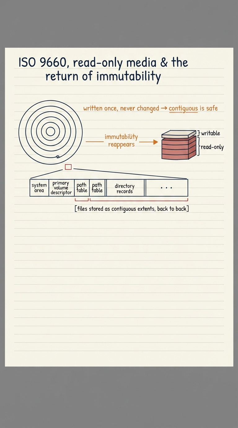 Handwritten A4 diagram: a CD drawn with a single outward spiral track; a linear layout strip — [system area][primary volume descriptor][path table][directory records][files stored as contiguous extents, back to back]; a note "written once, never changed → contiguous is safe"; to the right, a small stack of container image layers labelled read-only + a thin writable layer on top, arrow linking the two ideas "immutability reappears".
