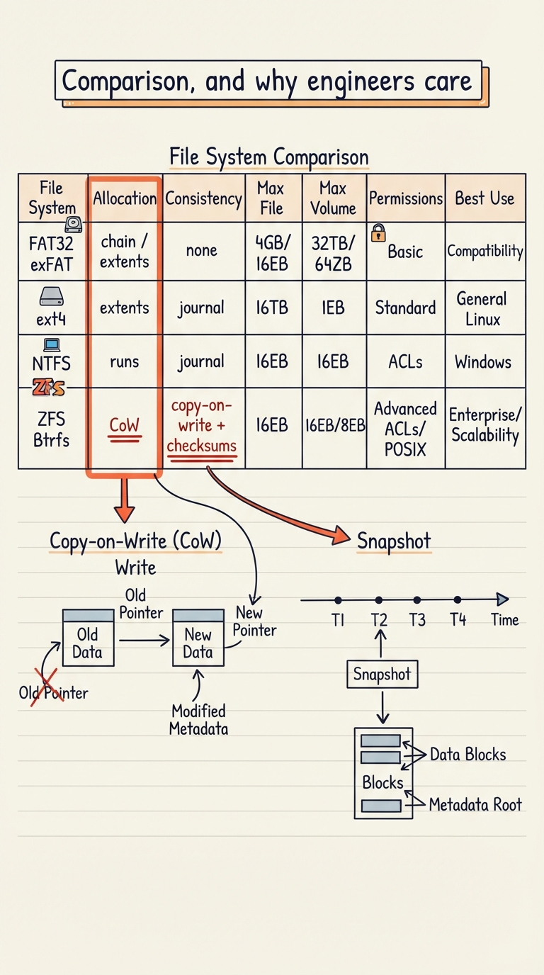 Handwritten A4 comparison table with columns FAT32/exFAT, ext4, NTFS, ZFS/Btrfs and rows: allocation (chain / extents / runs / CoW), consistency (none / journal / journal / copy-on-write + checksums), max file, max volume, permissions, best use; below the table two small sketches — a copy-on-write write that redirects to a new block leaving the old one intact, and a "snapshot" arrow pinning the old version.