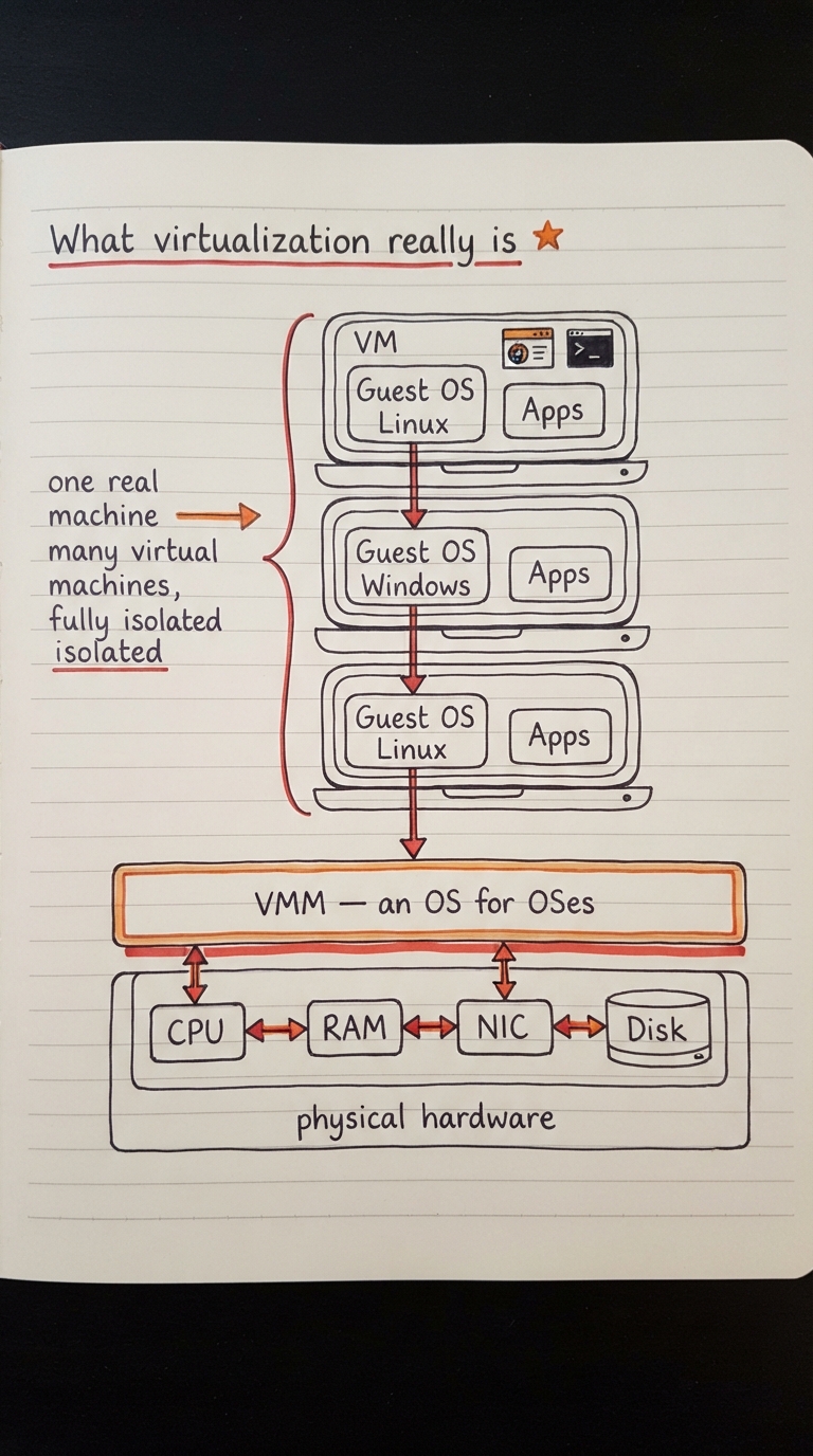 Handwritten A4 diagram: physical hardware (CPU, RAM, NIC, disk) at the bottom; a hypervisor slab labelled "VMM — an OS for OSes" resting on it; three stacked VM boxes on top, each drawn as a small computer containing its own guest OS (one Linux, one Windows, one Linux) and its own apps; a caption "one real machine → many virtual machines, fully isolated".