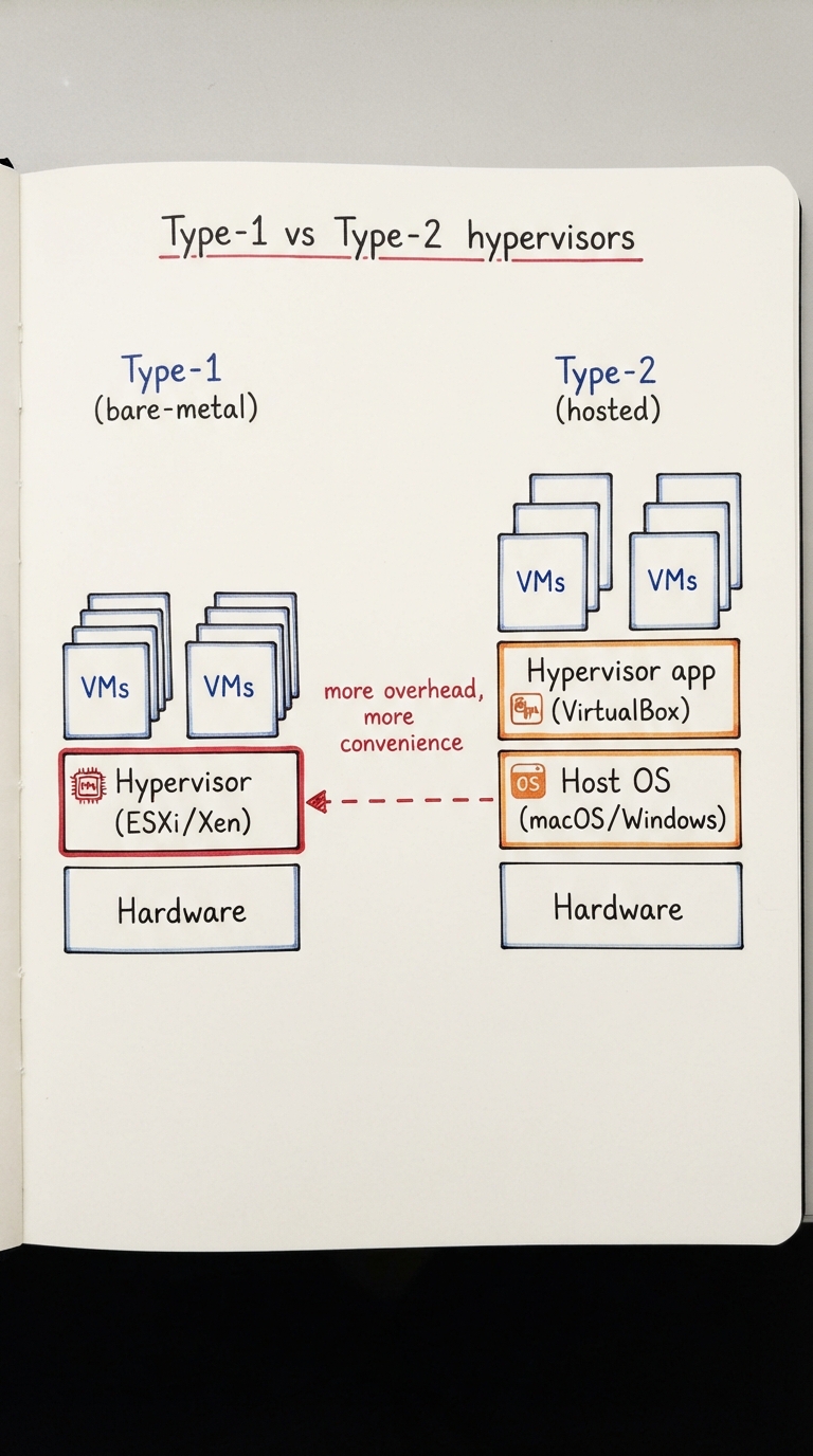 Handwritten A4 diagram: two stacks side by side. Left "Type-1 (bare-metal)": hardware → hypervisor (ESXi/Xen) → VMs directly on top. Right "Type-2 (hosted)": hardware → host OS (macOS/Windows) → hypervisor app (VirtualBox) → VMs. A dashed arrow highlights the extra host-OS layer on the right, with a note "more overhead, more convenience".