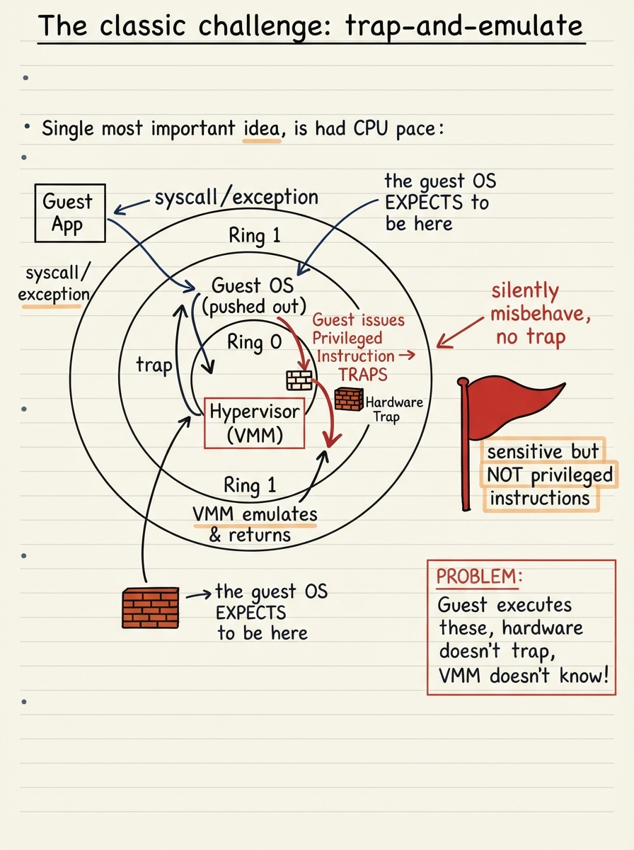 Handwritten A4 diagram: CPU privilege rings drawn as concentric circles. Ring 0 labelled "the guest OS EXPECTS to be here" but occupied by the hypervisor; the guest OS pushed out to a lower-privilege ring. A privileged instruction from the guest shown hitting a wall and "trapping" down to the VMM, which emulates it and returns. Beside it, a red flag on "sensitive but NOT privileged instructions — silently misbehave, no trap".