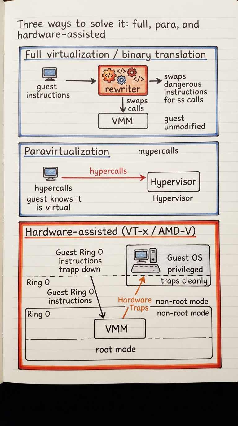 Handwritten A4 diagram: three panels. Panel 1 "Full virtualization / binary translation": a stream of guest instructions passing through a rewriter box that swaps dangerous ones for safe calls into the VMM, guest unmodified. Panel 2 "Paravirtualization": a modified guest making explicit "hypercalls" straight to the hypervisor, labelled "guest knows it is virtual". Panel 3 "Hardware-assisted (VT-x / AMD-V)": a new "root mode" below ring 0 where the VMM sits, guest runs privileged in non-root mode and traps cleanly.