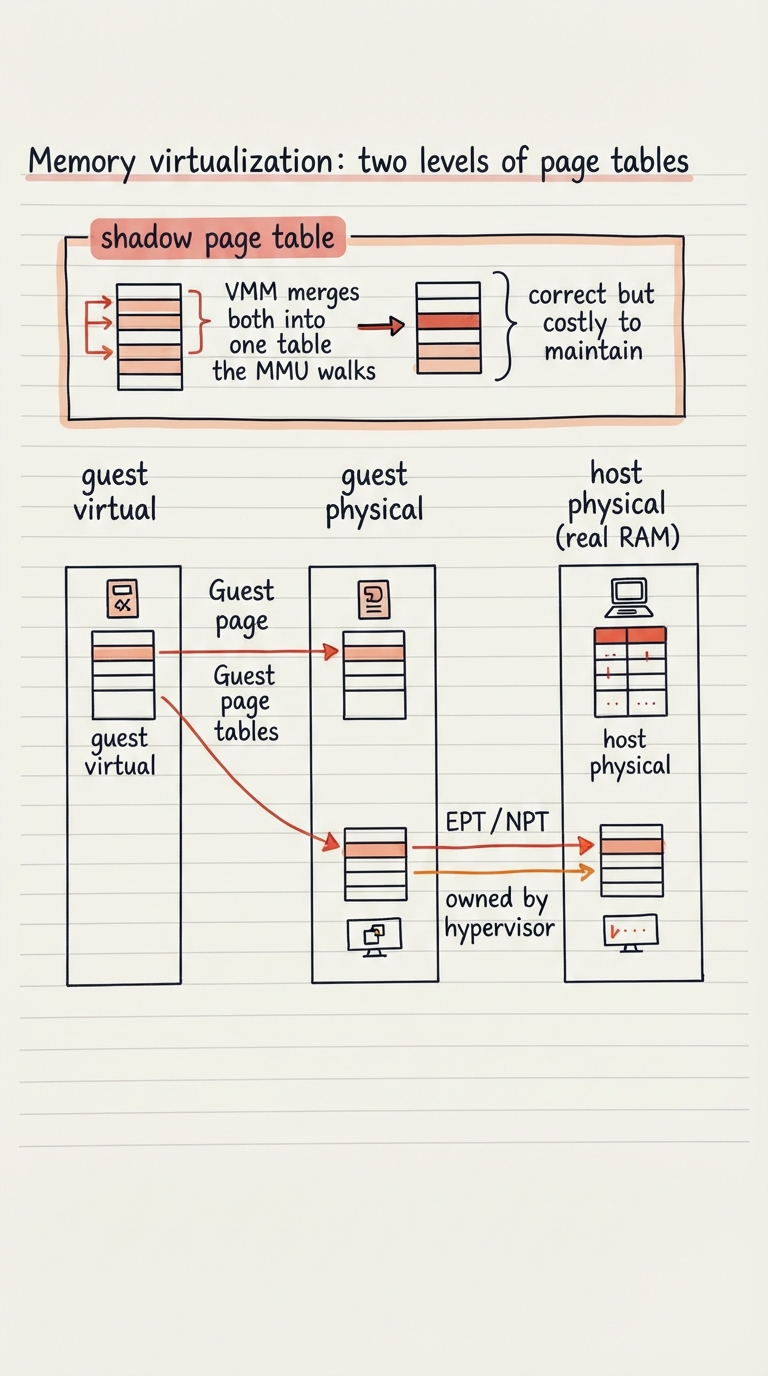 Handwritten A4 diagram: three memory columns left-to-right — "guest virtual", "guest physical", "host physical (real RAM)". Guest page tables map guest-virtual → guest-physical; a second set of tables (labelled EPT / NPT, owned by hypervisor) map guest-physical → host-physical. Above, a contrasting box showing the old "shadow page table" approach where the VMM merges both into one table the MMU walks, with a note "correct but costly to maintain".