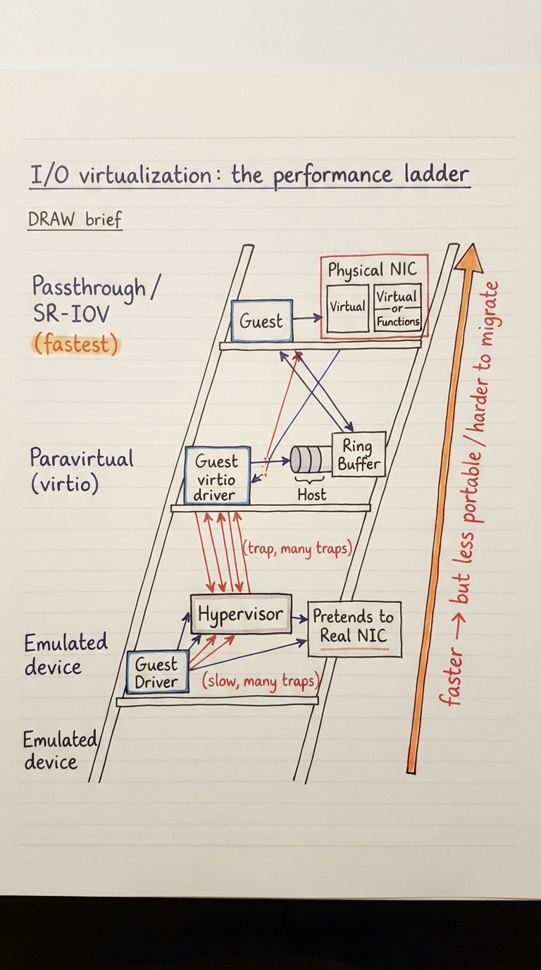 Handwritten A4 diagram: a three-rung ladder rising left to right. Bottom rung "Emulated device": guest driver → hypervisor pretends to be a real NIC, every register access traps (slow, drawn with many trap arrows). Middle rung "Paravirtual (virtio)": guest uses a virtio driver sharing a ring buffer with the host, few crossings. Top rung "Passthrough / SR-IOV": guest talks almost directly to a physical NIC split into virtual functions (fastest). An arrow up the ladder labelled "faster → but less portable / harder to migrate".