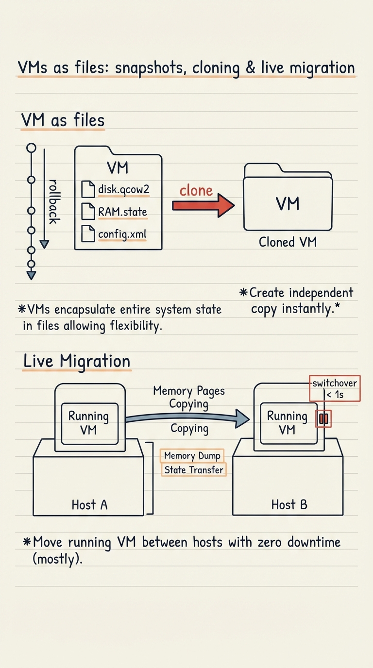 Handwritten A4 diagram: a VM drawn as a folder of files (disk.qcow2, RAM.state, config.xml). Left: a timeline with snapshot markers you can roll back to. Middle: a "clone" arrow duplicating the folder into a second identical VM. Right: "live migration" — a running VM box copying its memory pages across an arrow from Host A to Host B while still running, then a final tiny pause labelled "switchover < 1s".