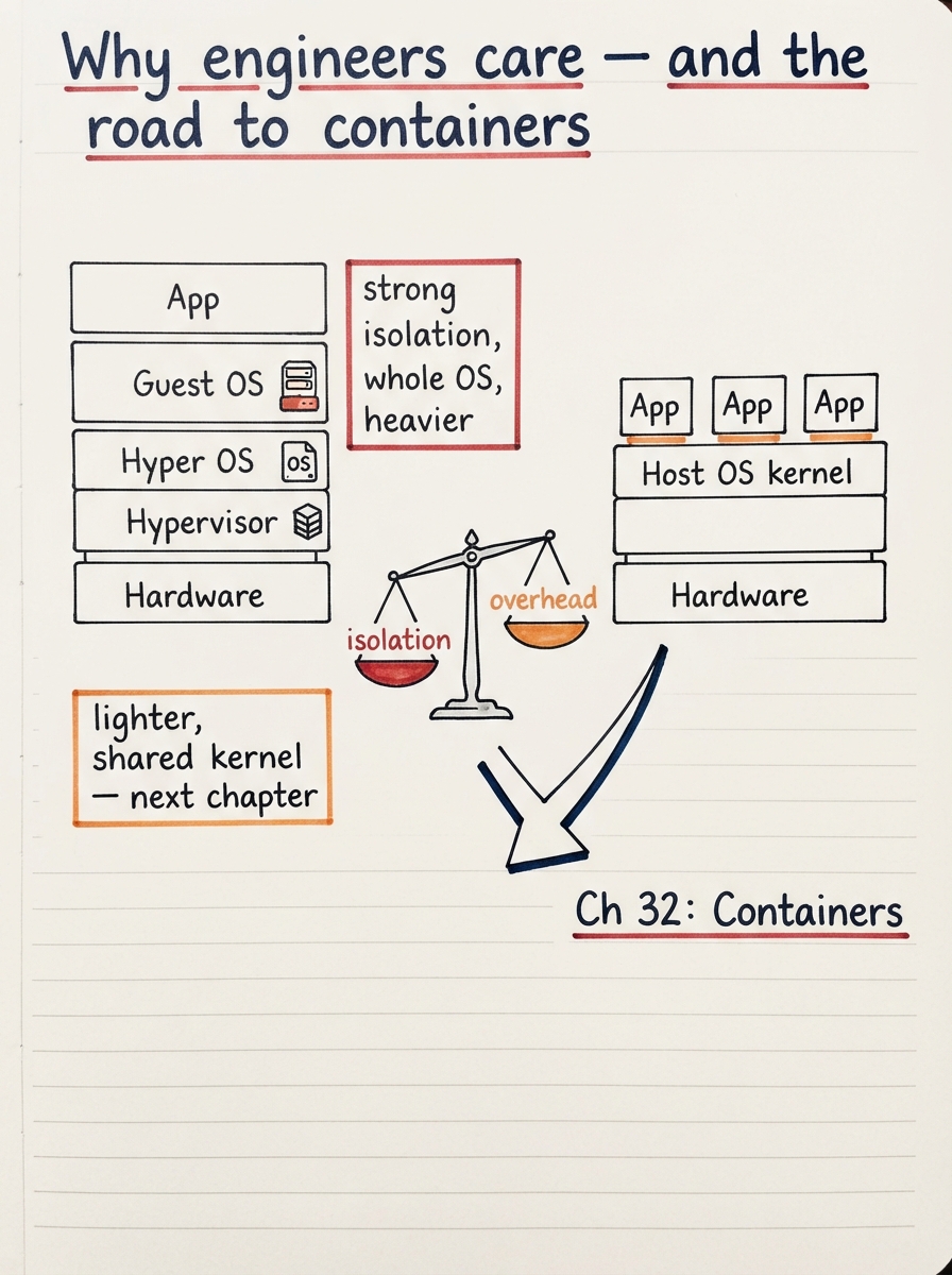 Handwritten A4 diagram: left side a full VM stack (hardware → hypervisor → guest OS → app) labelled "strong isolation, whole OS, heavier"; right side a preview of containers (hardware → host OS kernel → three lightweight container boxes sharing that one kernel) labelled "lighter, shared kernel — next chapter". A balance scale between them weighing "isolation" against "overhead". A forward arrow to "Ch 32: Containers".