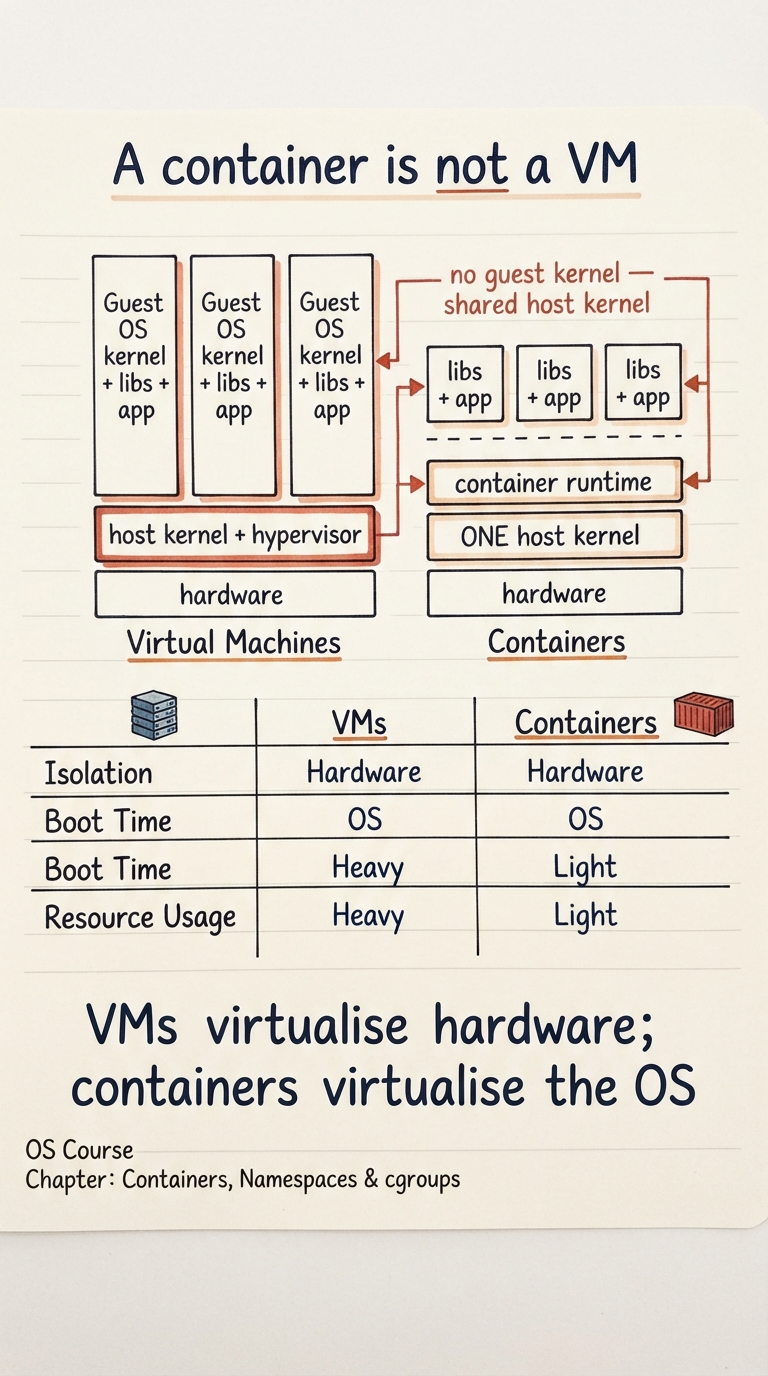 Handwritten A4 diagram: two stacks side by side. Left "Virtual Machines": hardware, then host kernel + hypervisor, then three tall boxes each containing a full Guest OS kernel + libs + app. Right "Containers": the same hardware and ONE host kernel, then a thin container runtime, then three short boxes each containing just libs + app with a dashed line where the guest kernel would be, labelled "no guest kernel — shared host kernel". A caption reads "VMs virtualise hardware; containers virtualise the OS".