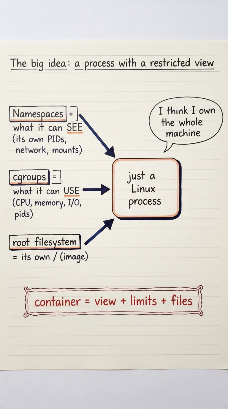 Handwritten A4 diagram: a single process box in the centre labelled "just a Linux process". Three arrows point into it from labelled ingredients — "Namespaces = what it can SEE (its own PIDs, network, mounts)", "cgroups = what it can USE (CPU, memory, I/O, pids)", and "root filesystem = its own /  (image)". A speech bubble off the process says "I think I own the whole machine". Caption: container = view + limits + files.