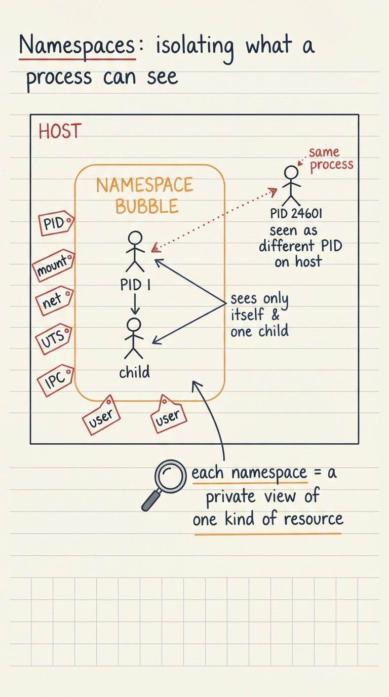 Handwritten A4 diagram: a large host box containing a smaller "namespace bubble". Inside the bubble a process labelled "PID 1" sees only itself and one child; outside, the host shows the same process as "PID 24601". Around the bubble, six small tags list the namespace types: PID, mount, net, UTS, IPC, user. A magnifying-glass icon over the bubble is captioned "each namespace = a private view of one kind of resource".
