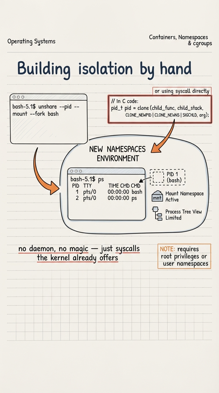 Handwritten A4 diagram: a terminal showing an "unshare --pid --mount --fork bash" command, with an arrow into a new bubble where "ps" shows only bash as PID 1. To the side, a small C snippet box labelled "clone() with CLONE_NEWPID | CLONE_NEWNS flags" points to the same bubble. Caption: "no daemon, no magic — just syscalls the kernel already offers".