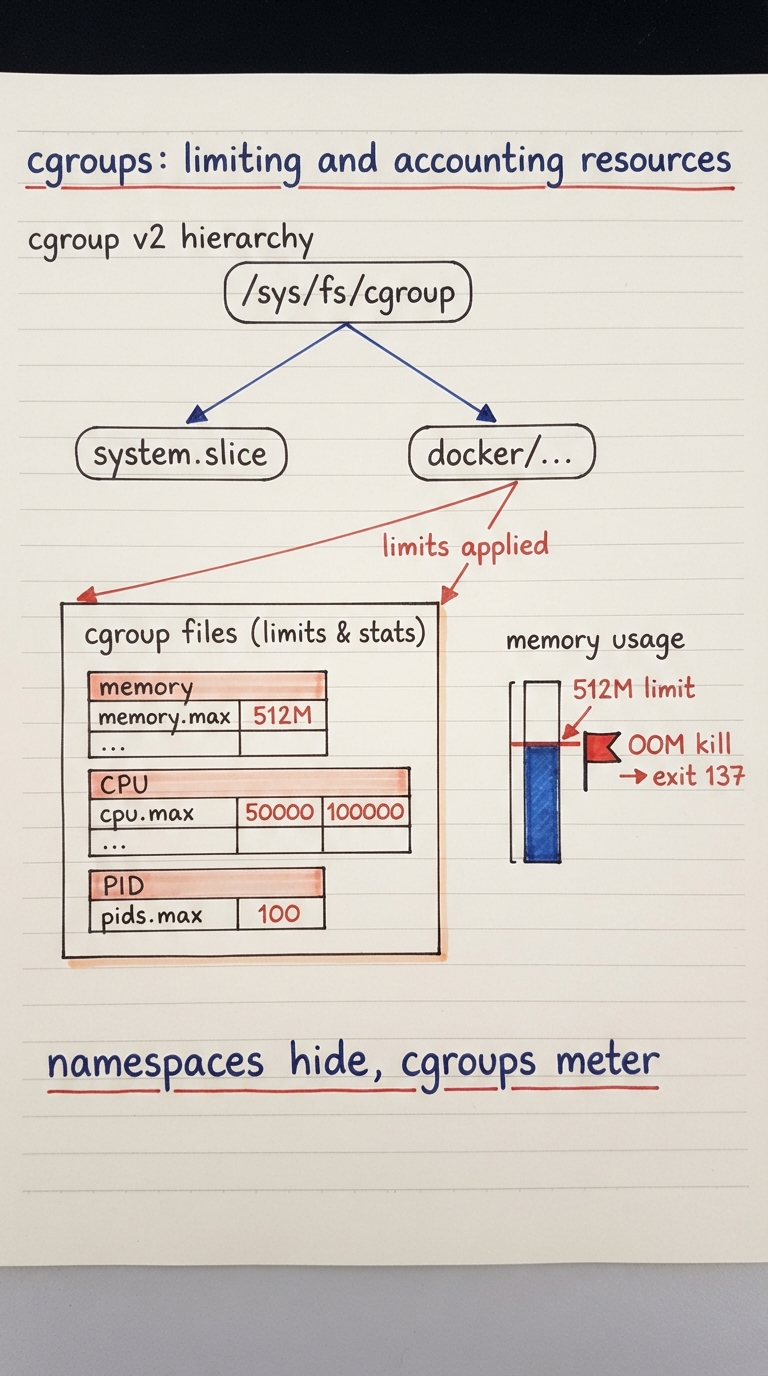 Handwritten A4 diagram: a tree rooted at "/sys/fs/cgroup" (cgroup v2) branching into "system.slice" and "docker/…" leaves. One leaf is zoomed to show files memory.max = 512M, cpu.max = "50000 100000", pids.max = 100. Beside it a gauge shows memory rising to the 512M line where a red "OOM kill → exit 137" flag pops. Caption: "namespaces hide, cgroups meter".
