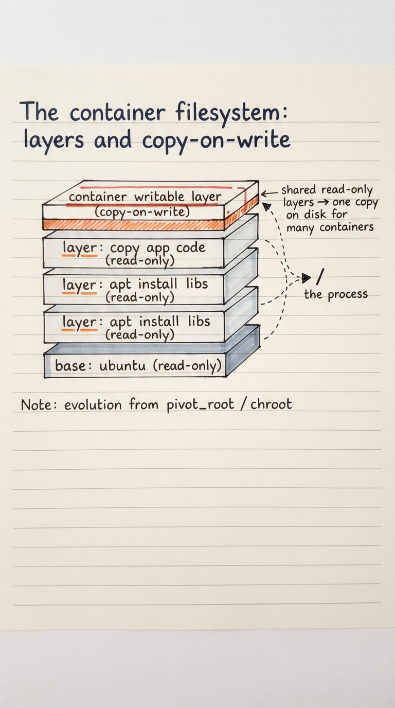 Handwritten A4 diagram: a stack of horizontal slabs labelled from bottom "base: ubuntu (read-only)", "layer: apt install libs (read-only)", "layer: copy app code (read-only)", topped by a thin "container writable layer (copy-on-write)". A dashed merge arrow to the right shows all layers combining into a single unified "/" the process sees. A small note: "shared read-only layers → one copy on disk for many containers". Caption references pivot_root / chroot as the ancestor.