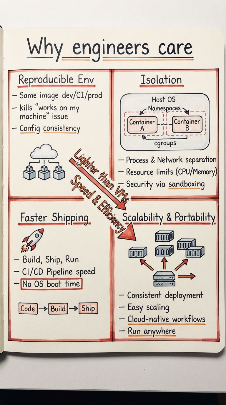 Handwritten A4 diagram: four quadrants. Top-left "Reproducible env — same image dev/CI/prod, kills 'works on my machine'". Top-right "Density & cost — hundreds per host, no guest kernels". Bottom-left "Shared-kernel caveat — one kernel = attack surface; gVisor / Kata / microVMs add a stronger boundary". Bottom-right "Debug with host tools — strace/lsns/ps from the host see into the container". Across the bottom a SIGTERM→(grace)→SIGKILL timeline for graceful shutdown. A forward arrow points to "ch33: distributed systems".